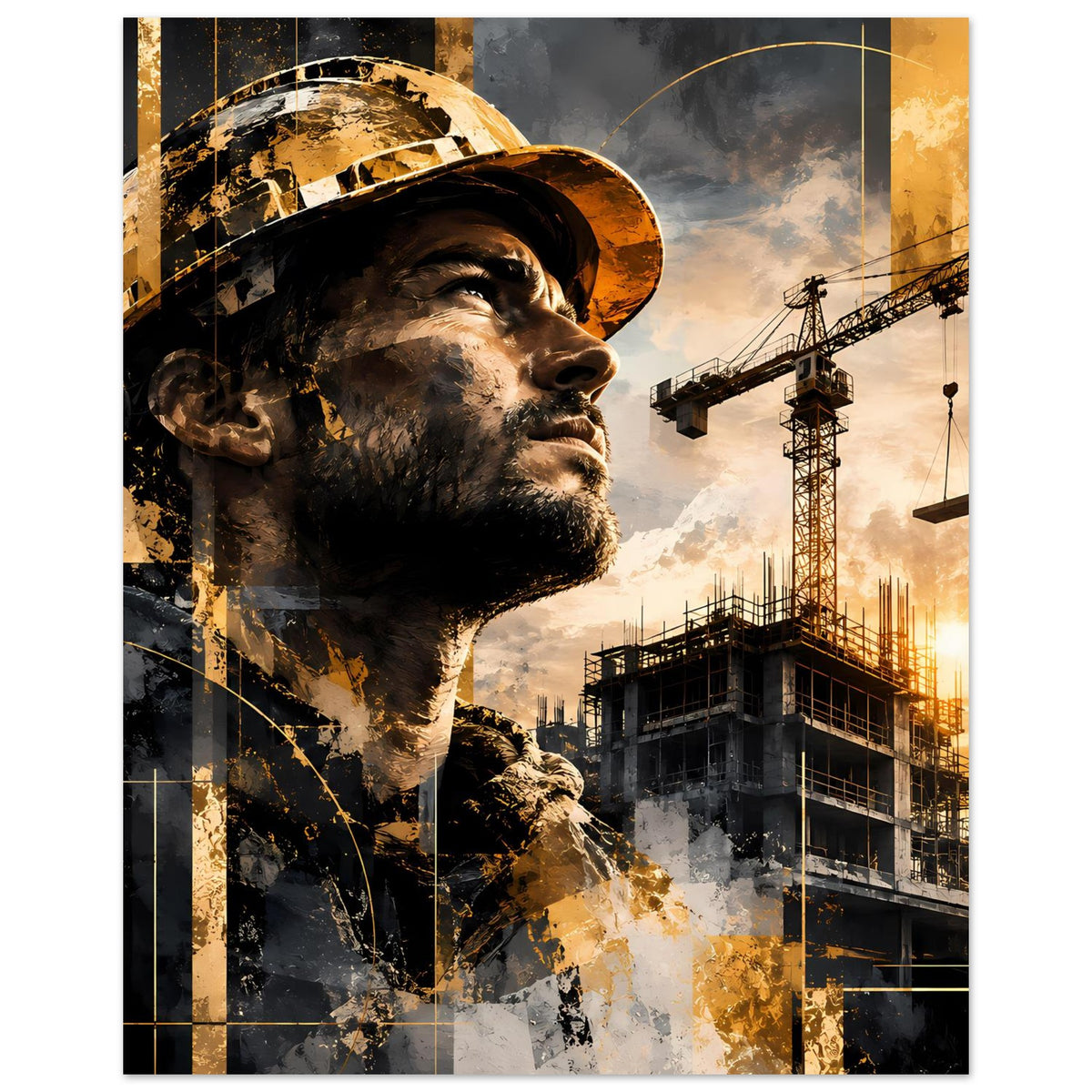 Bauarbeiter-Poster im Hochformat mit Profilgesicht und Baukränen in Gold- und Grautönen