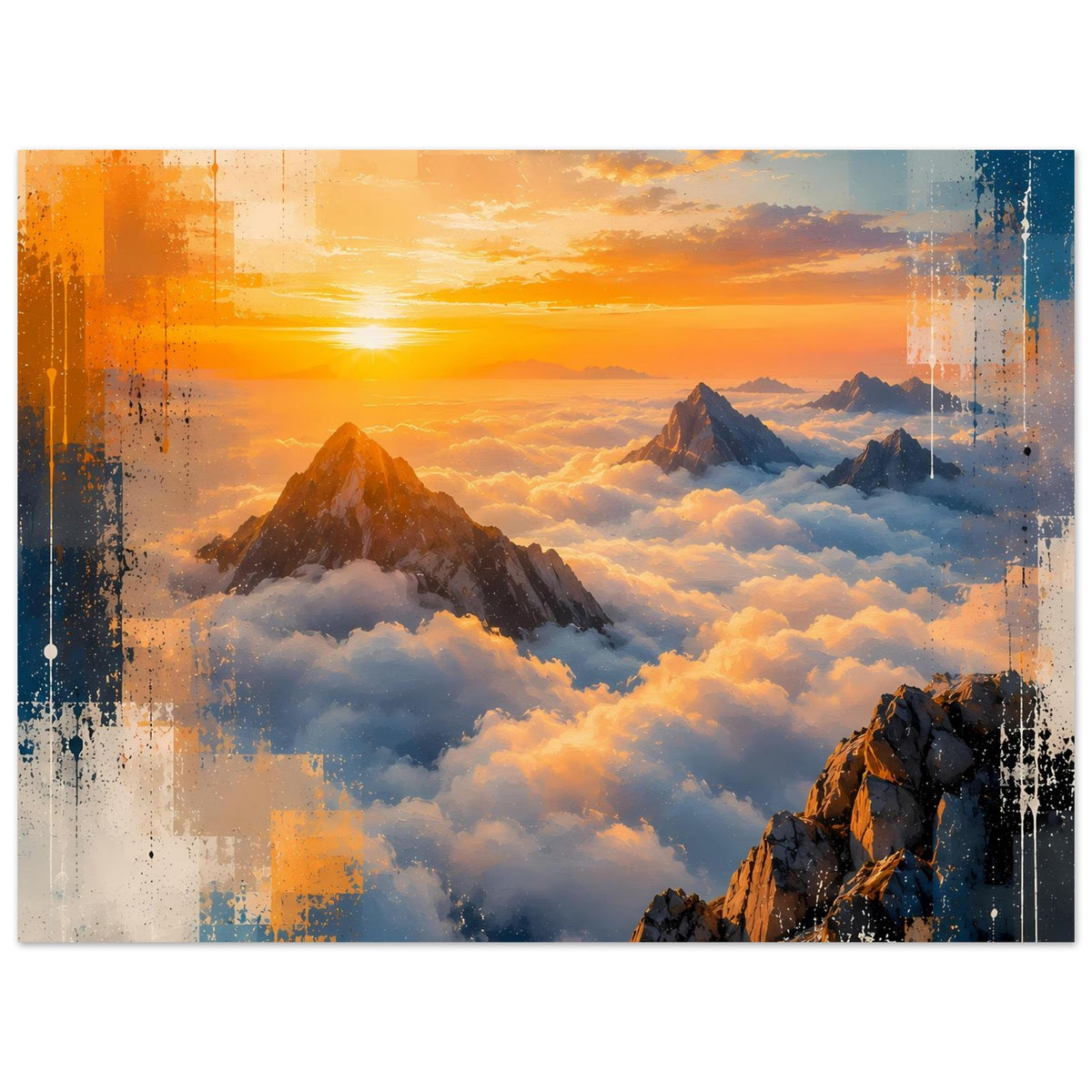 Vertikales Poster mit Sonnenaufgang-Landschaft, Bergkanten, Wolken; abstrakte Farbakzente