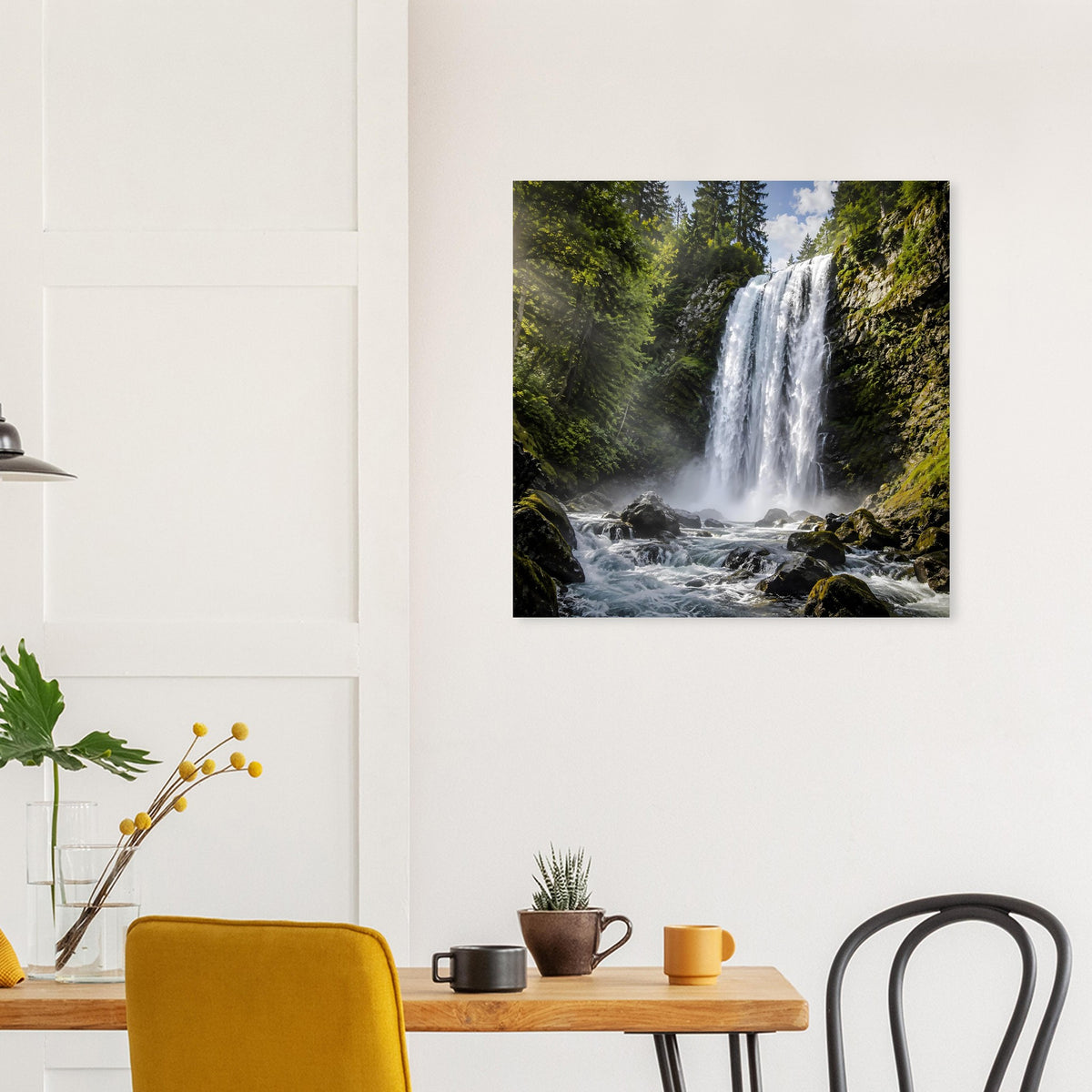 Wasserfall-Poster, quadratisch, schwarz gerahmt