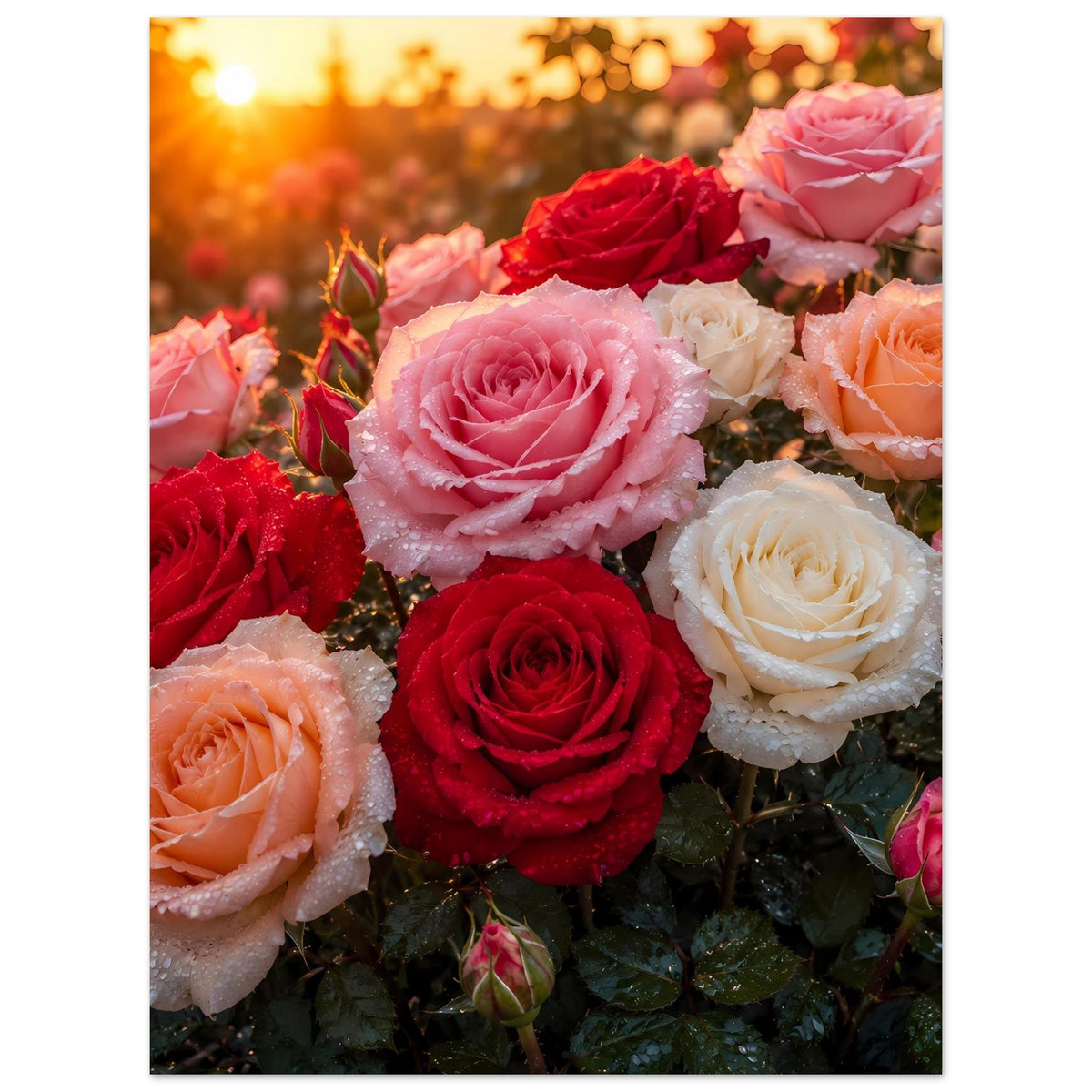 Poster mit Rosenstrauß in warmen Tönen: rot, rosa, apricot und weiße Blüten