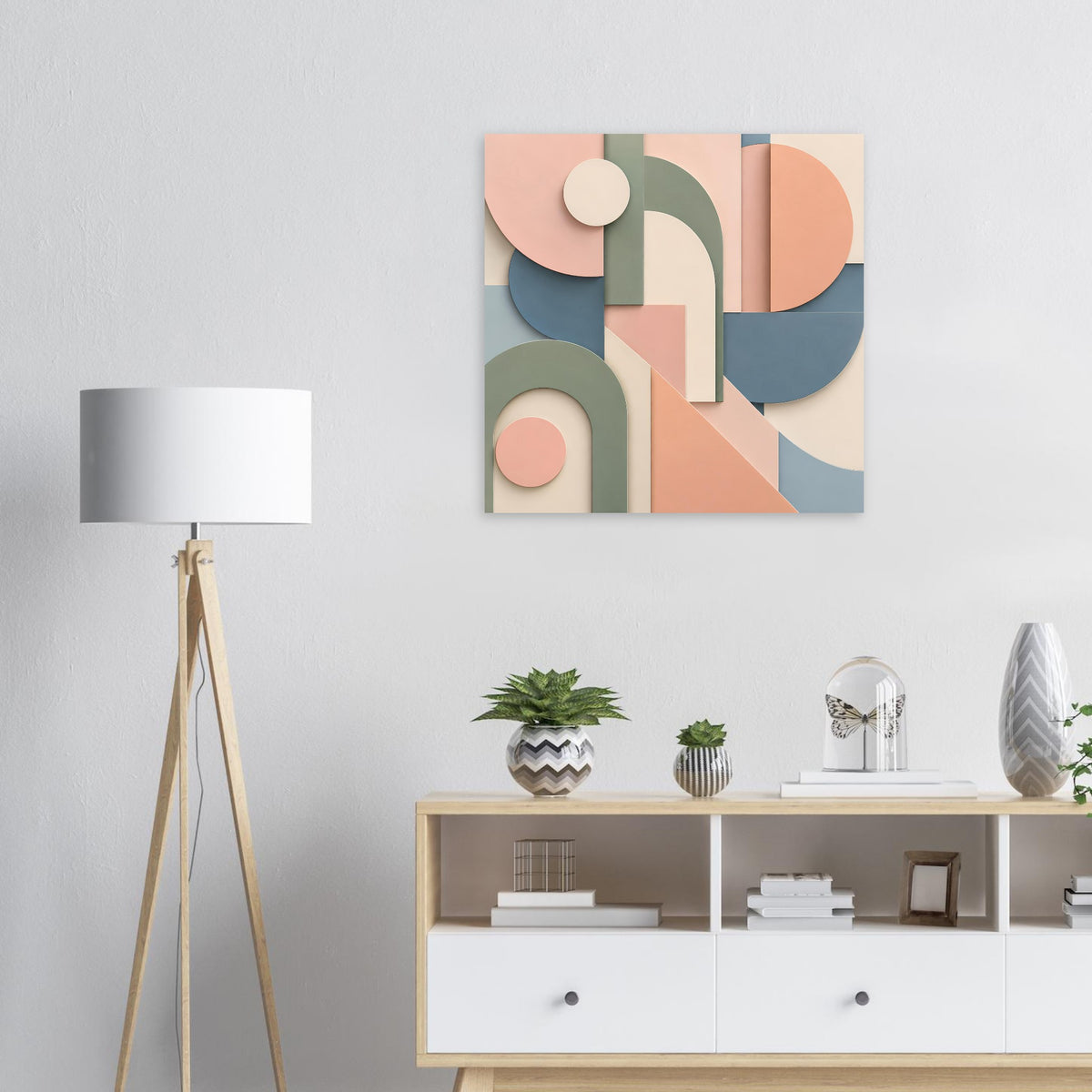 Abstraktes Kunstposter mit geometrischen Formen in Terrakotta und Salbeigrün, Kreise und Rechtecke