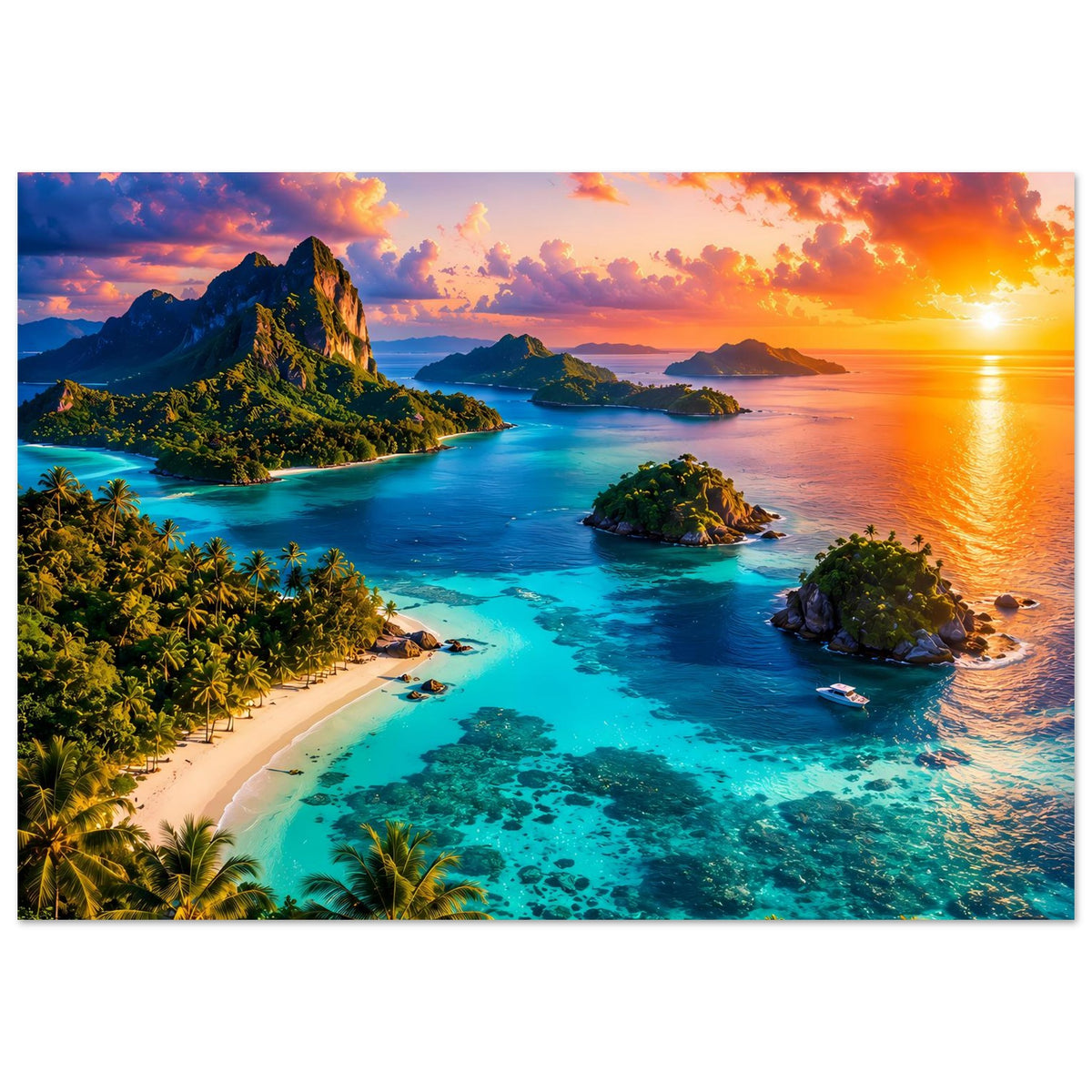 Horizontales Poster mit Inseln, türkisblauem Wasser und Sonnenuntergang über dem Meer