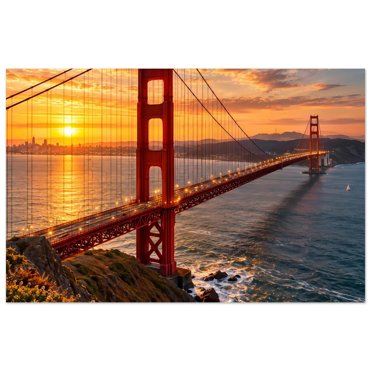 Querformat-Poster mit Golden Gate Bridge im Sonnenuntergang, Meer und Abendhimmel