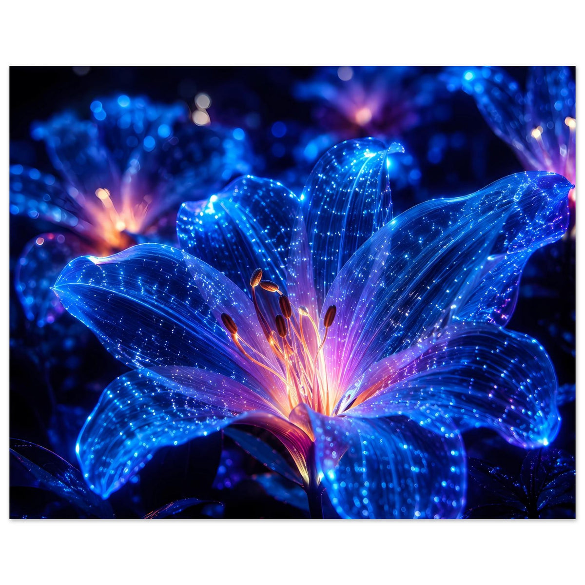 Blumenposter im Querformat mit detailreicher blauer Blüte, glitzernden Linien und Strahlen