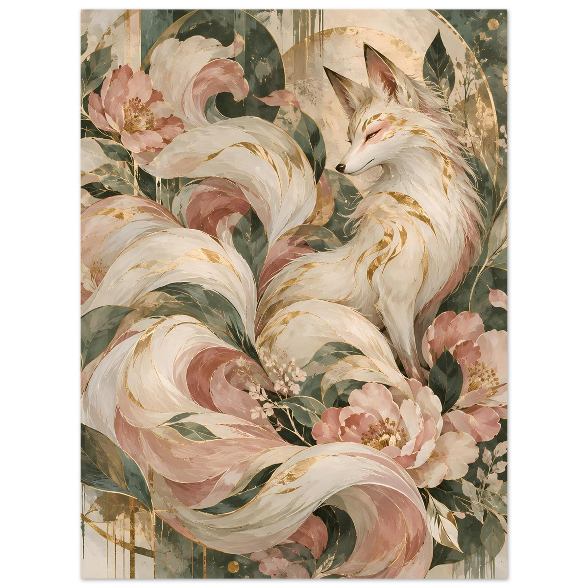 Poster mit mystischem Fuchsmotiv in Rosé-, Grün- und Goldtönen