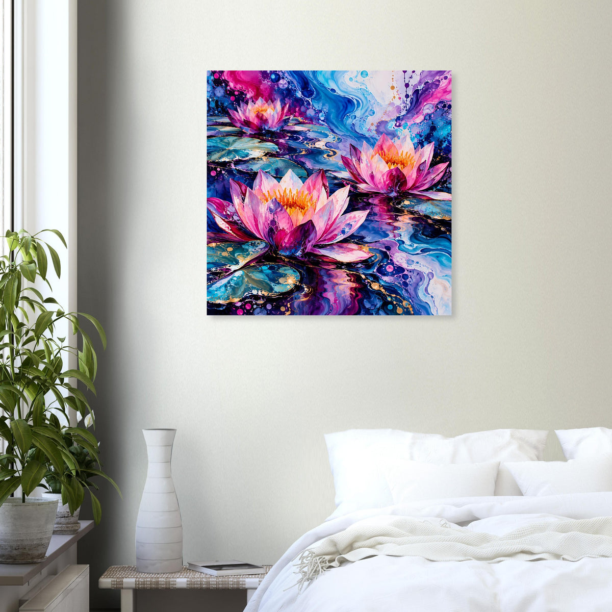 Quadratisches Seerosen-Kunstposter mit violetten, blauen und pinken Blüten