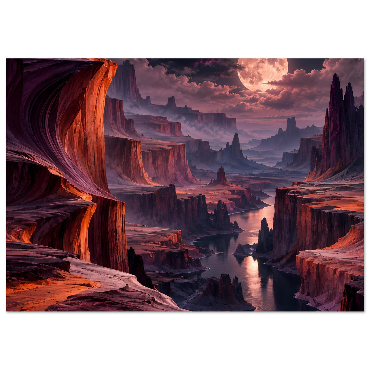 Horizontales Landschaftsposter: Canyon mit Fluss, roten Felswänden und hellem Mond über Schlucht.