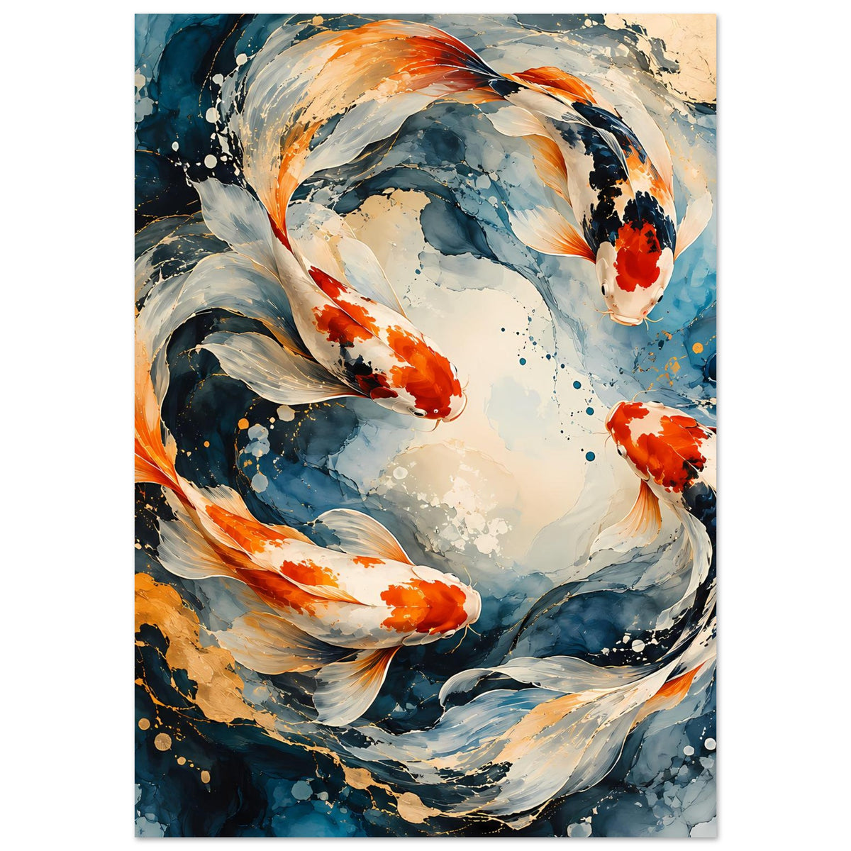 Japanisches Poster (Hochformat) mit Koi-Fischen im Wasserwirbel, klare orange-rote Fischkörper.