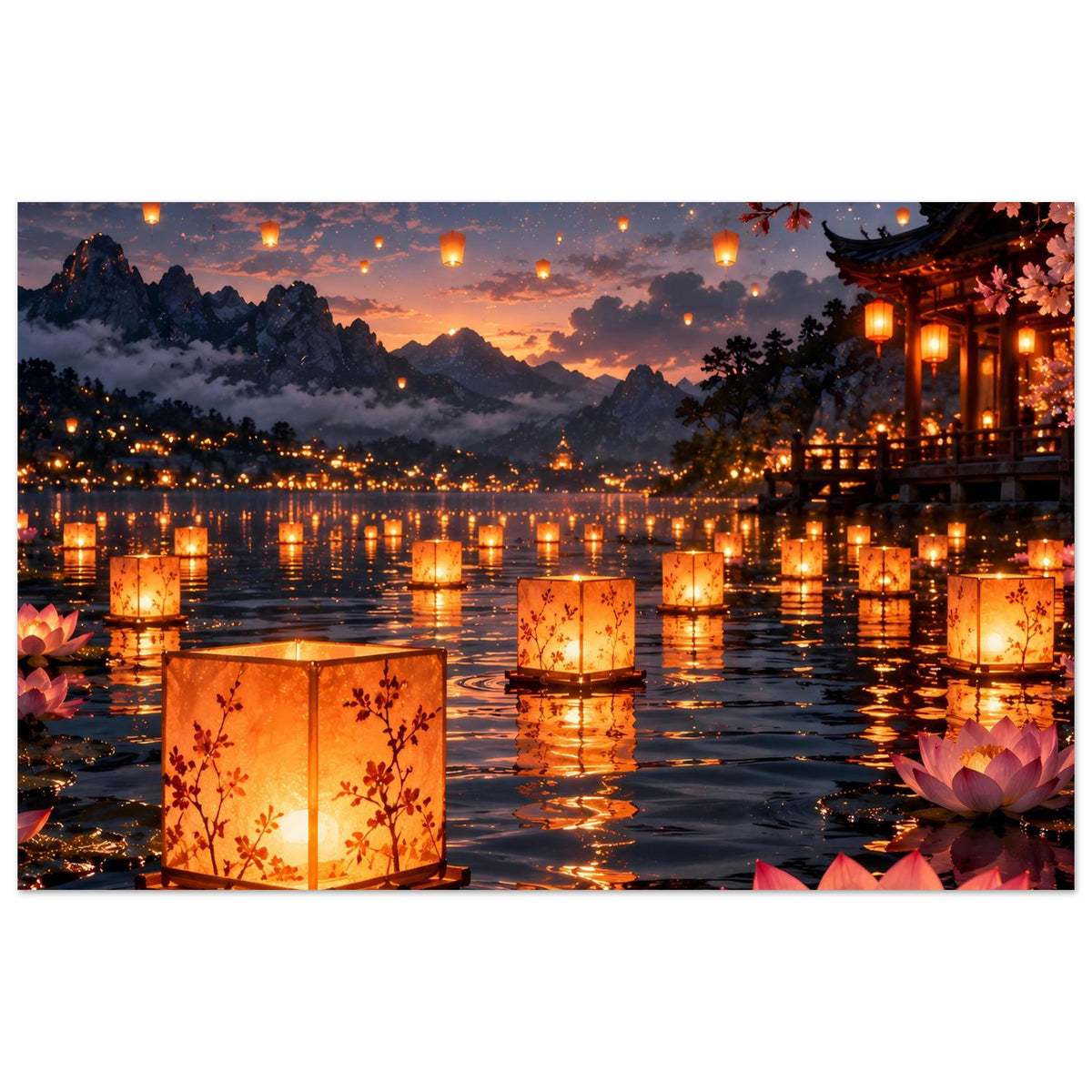 Laternenfest-Poster mit gold leuchtenden Laternen am Fluss und Sakura im oberen Bereich