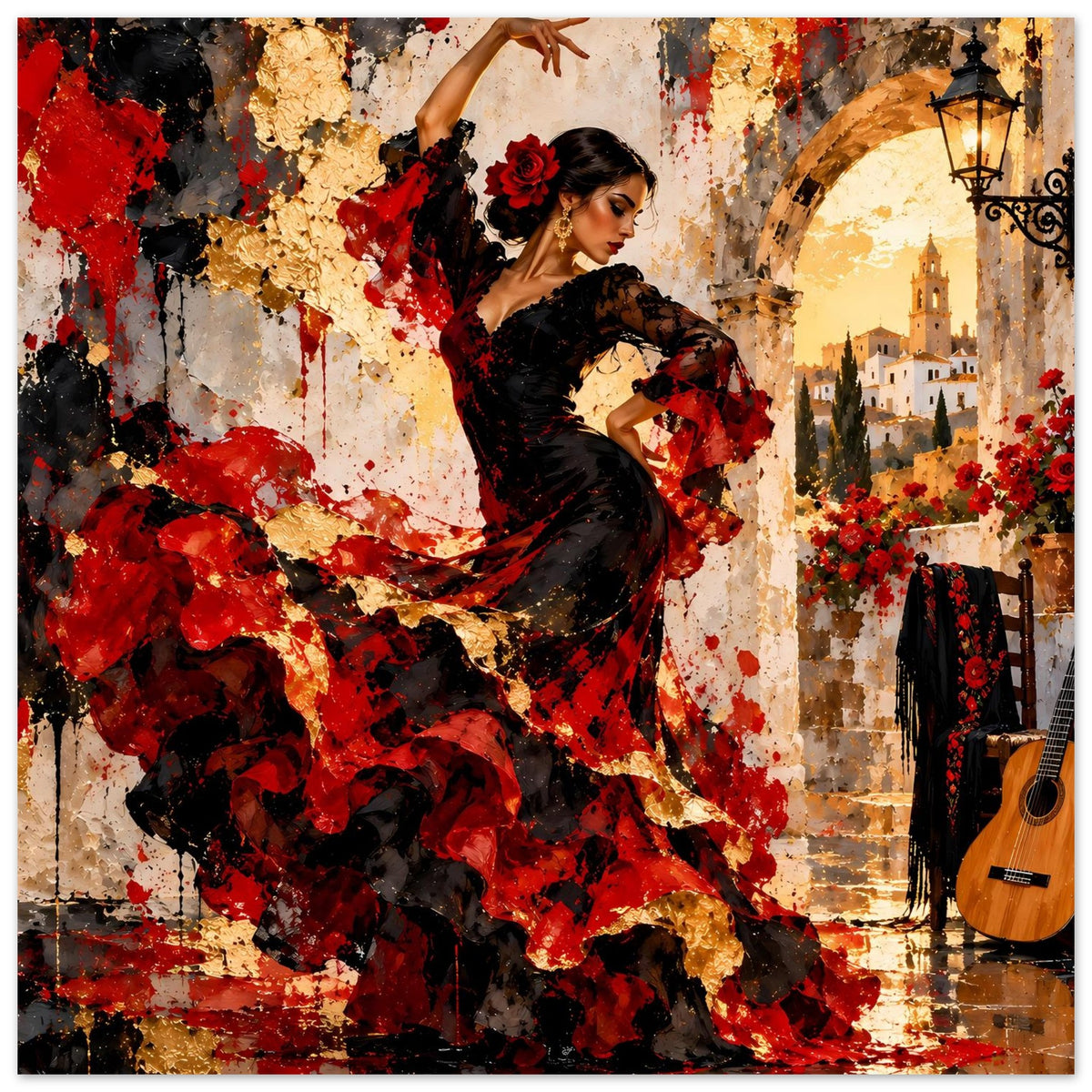 Poster mit Flamenco-Tänzerin in Rot und Schwarz; rechts Gitarre, Laterne und Säulenwand.
