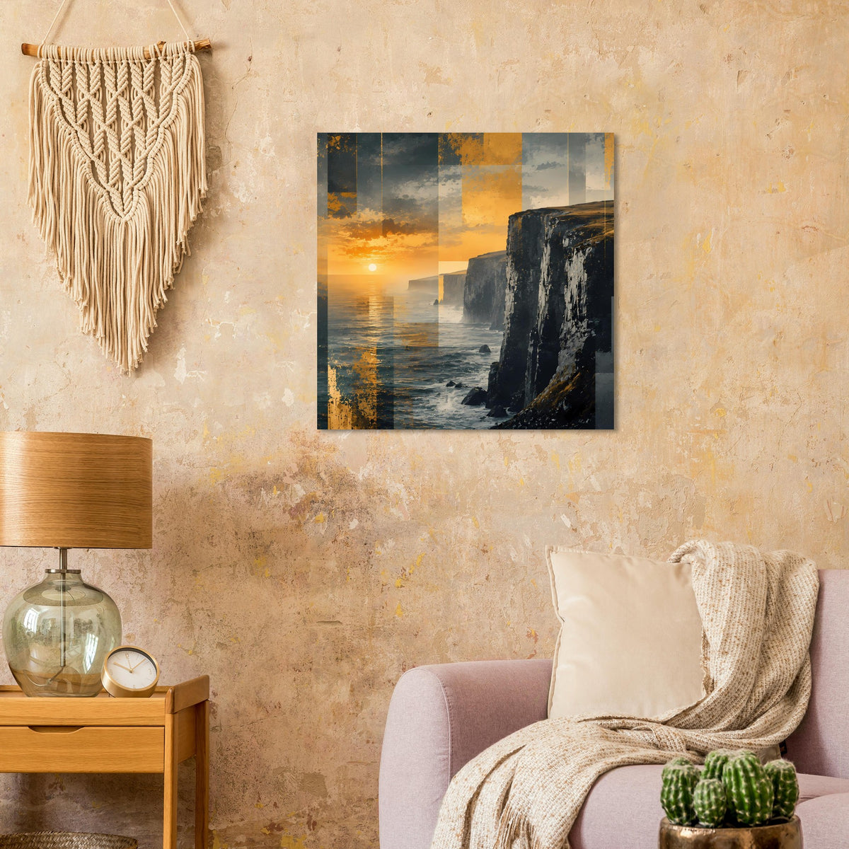 Poster mit Sonnenuntergang über dem Meer und einer Felswand im Vordergrund