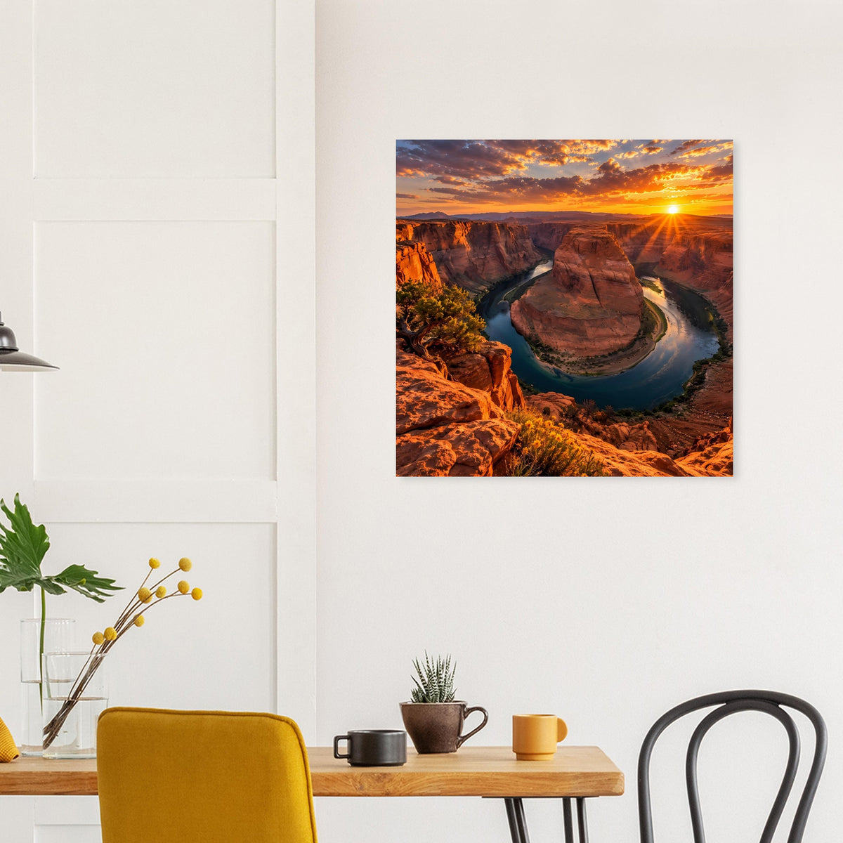 Quadratisches Poster mit Canyon-Sonnenuntergang, Flusswindung und goldenem Licht über der Schlucht