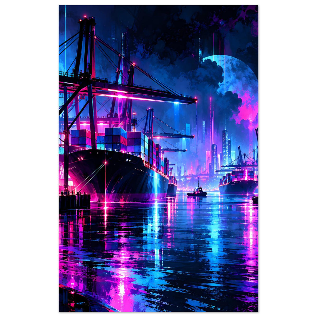 Hochformat-Poster Neon-Hafen-Nachtlandschaft mit Brücke, Hafenanlagen und violett-blauen Lichtspiegeln