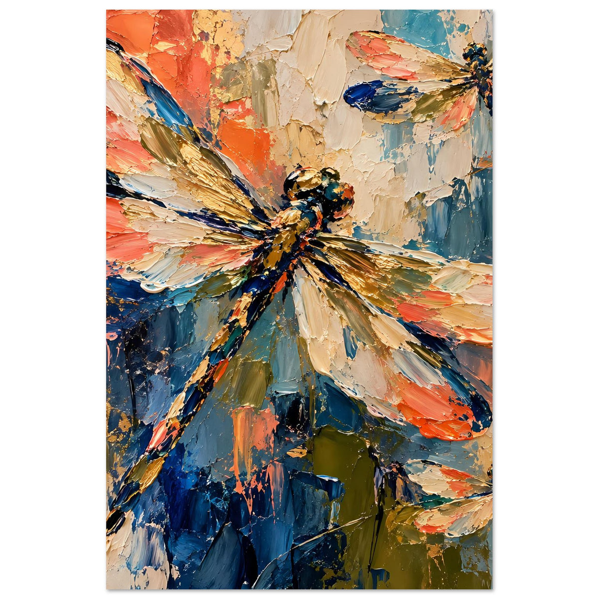 Kunstdruck Poster mit abstrakter Libelle, Farbexplosion in Blau, Orange und Gold, Hochformat