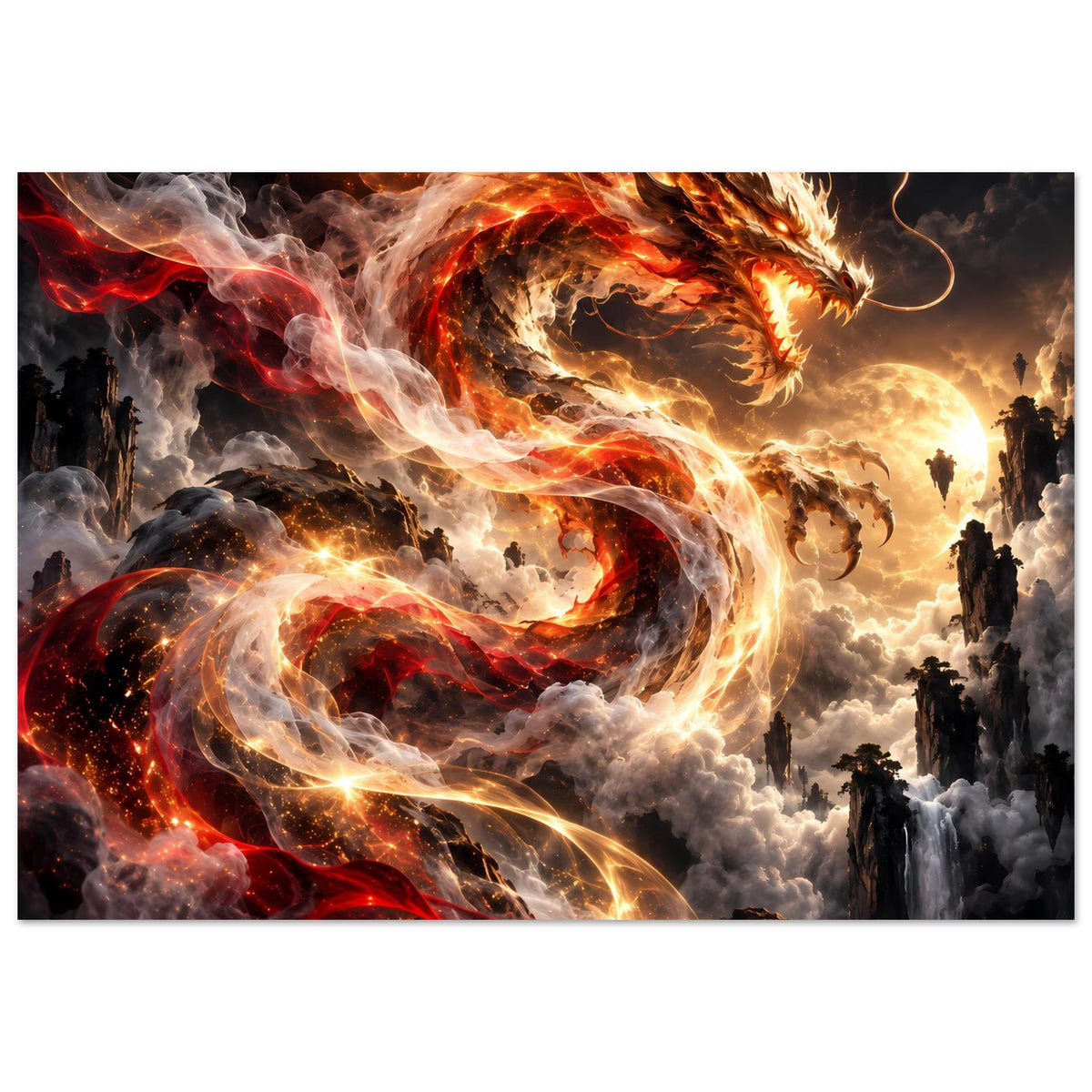 Drachen-Fantasyposter mit feurigem Kopf in Rot, Gold und Flammenwirbel