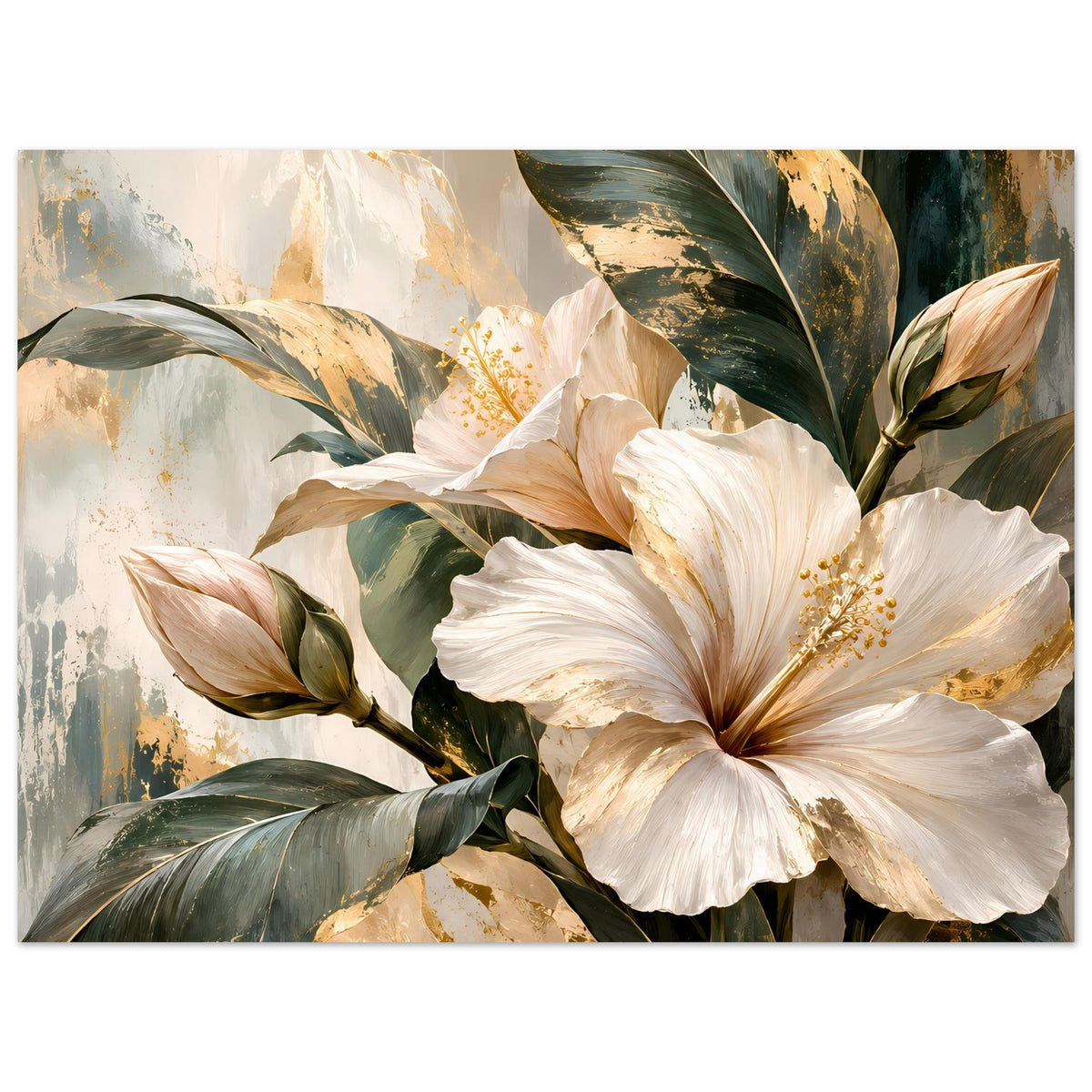 Gerahmtes Blumenposter: weiße Blüten mit goldenen Staubfäden und dunkelgrünen Blättern