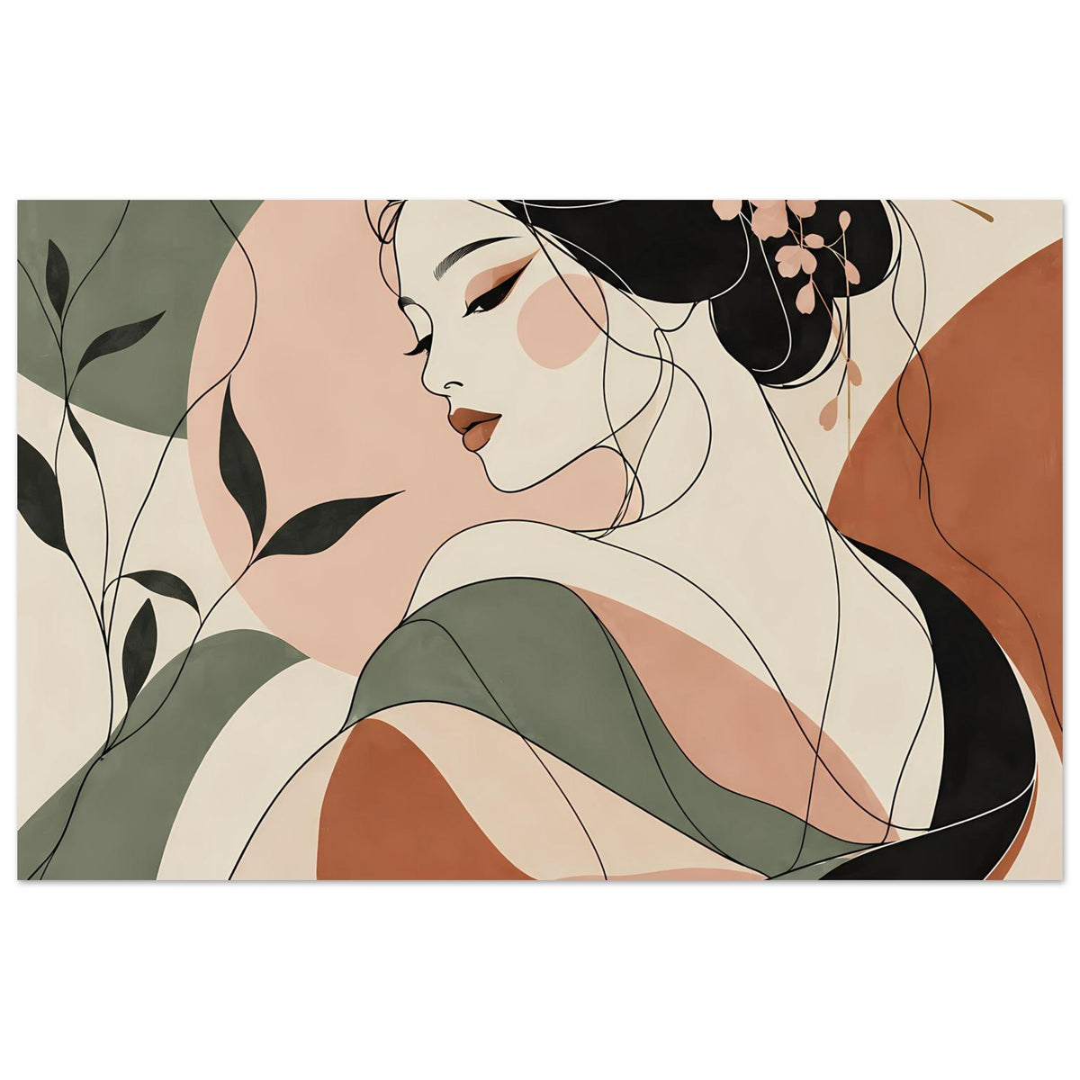 Zen-Poster mit Geisha-Motiv: Profilfrau in Schwarzhaar, grünes Gewand, floraler Haarschmuck