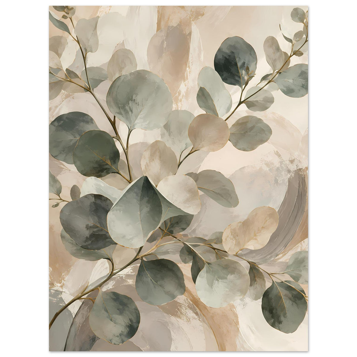 Botanisches Poster mit Aquarellblättern in Salbeigrün und Beige, kompakte Bildfläche