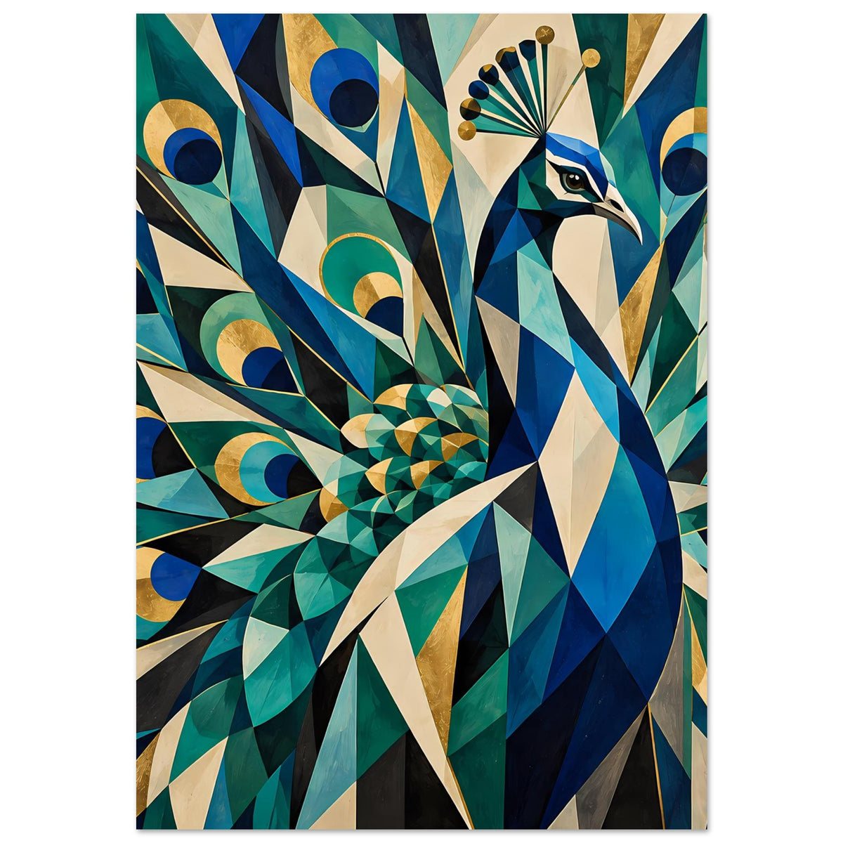 Poster mit geometrischem Pfau, abstraktes Blau-Grün und goldene Kreissegmente
