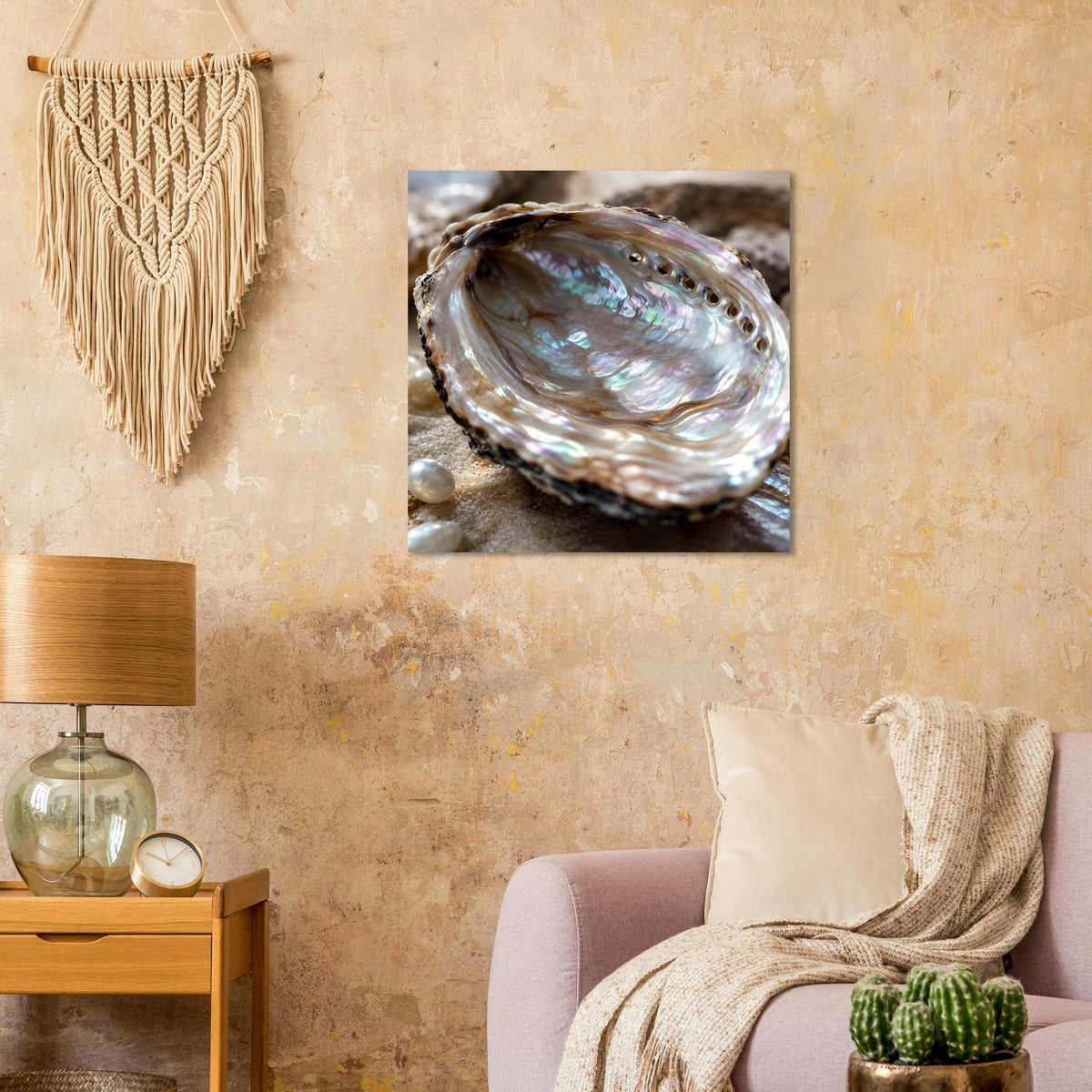 Quadratisches Poster mit Abalone-Muschel im Nahdetail, irisierender Perlmuttreflex