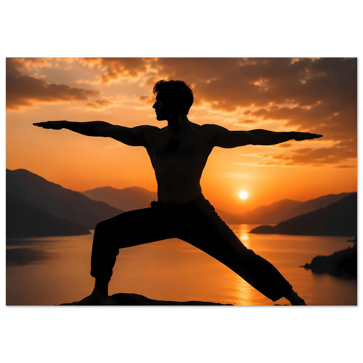 Yoga-Krieger-Pose Poster mit dunkler Silhouette beim Sonnenuntergang, horizontal