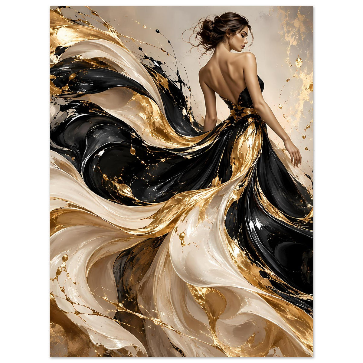 Kunstposter im Hochformat: abstrakte Gold- und Schwarzwirbel mit Rückenfigur, Elfenbein