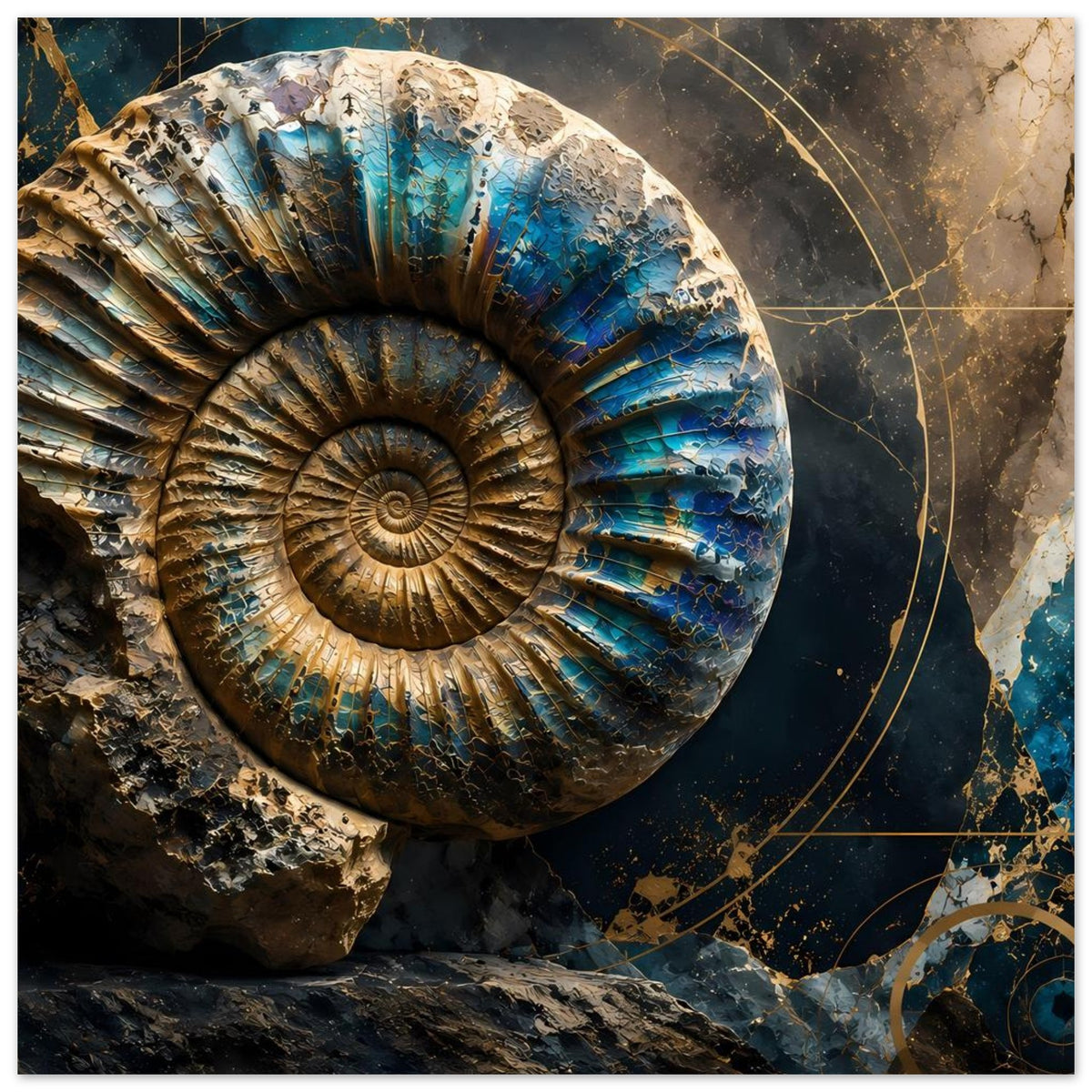 Kunstposter mit Ammonitenfossil in Spirale, Petrolblau, goldene Akzente und Linien