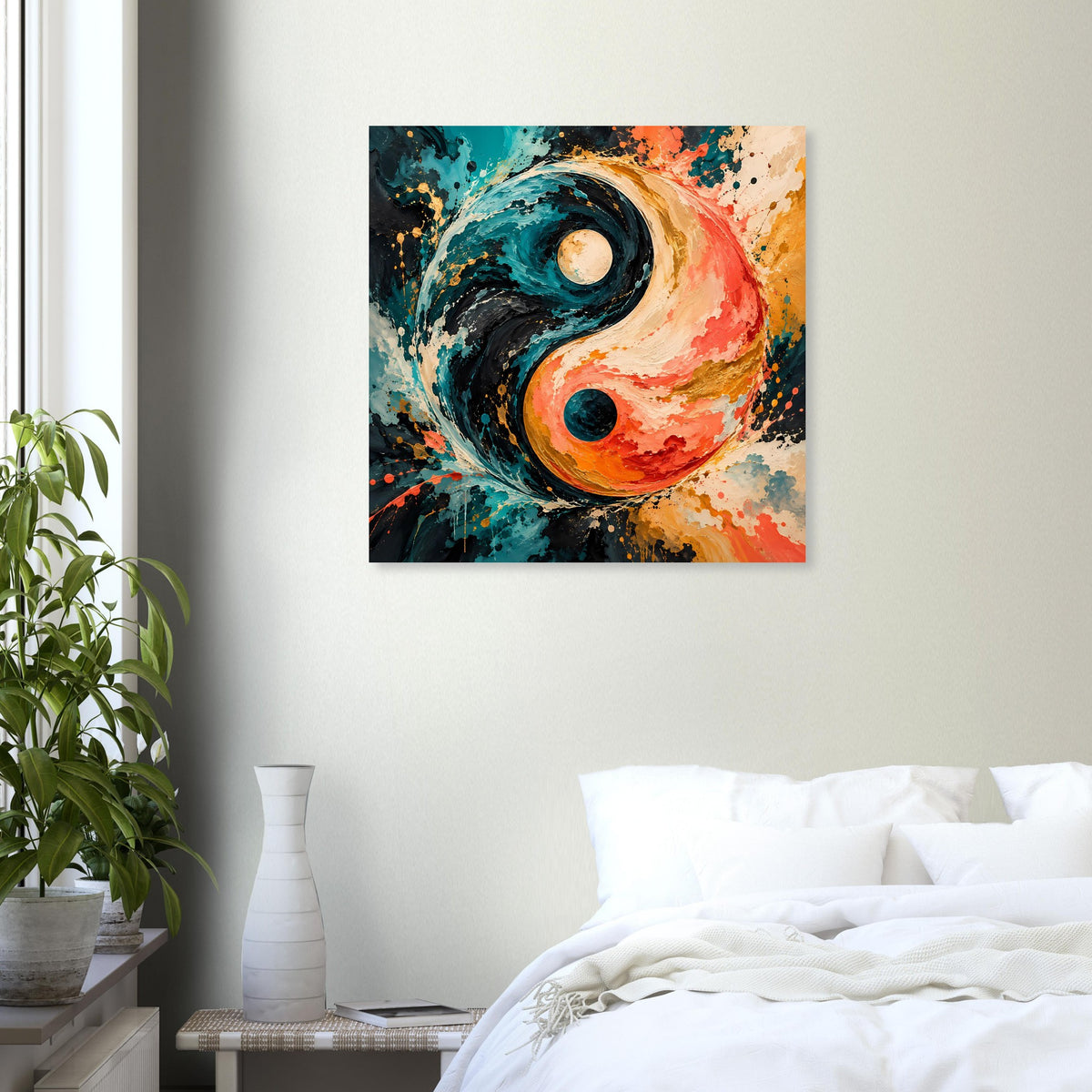 Abstraktes Yin‑Yang‑Poster, türkis, schwarz und orange mit kreisförmigen Symbolformen