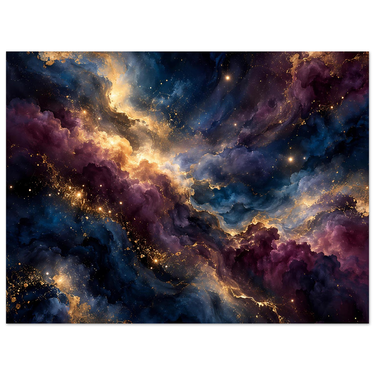 Horizontales Kunstposter mit Galaxie-Nebel: blau, lila und goldene Lichtkaskaden, Sterne