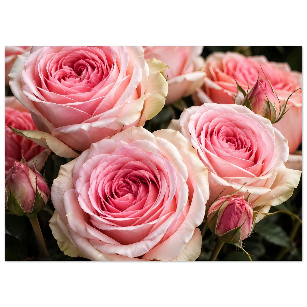 Querformat-Poster mit rosa-weißen Rosenblüten und Knospen