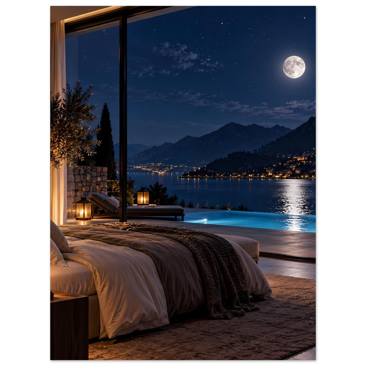 Luxuriöses Nachtblick-Poster (hochkant) mit Bett vor Fenstern, Mond über See und Bergsilhouetten