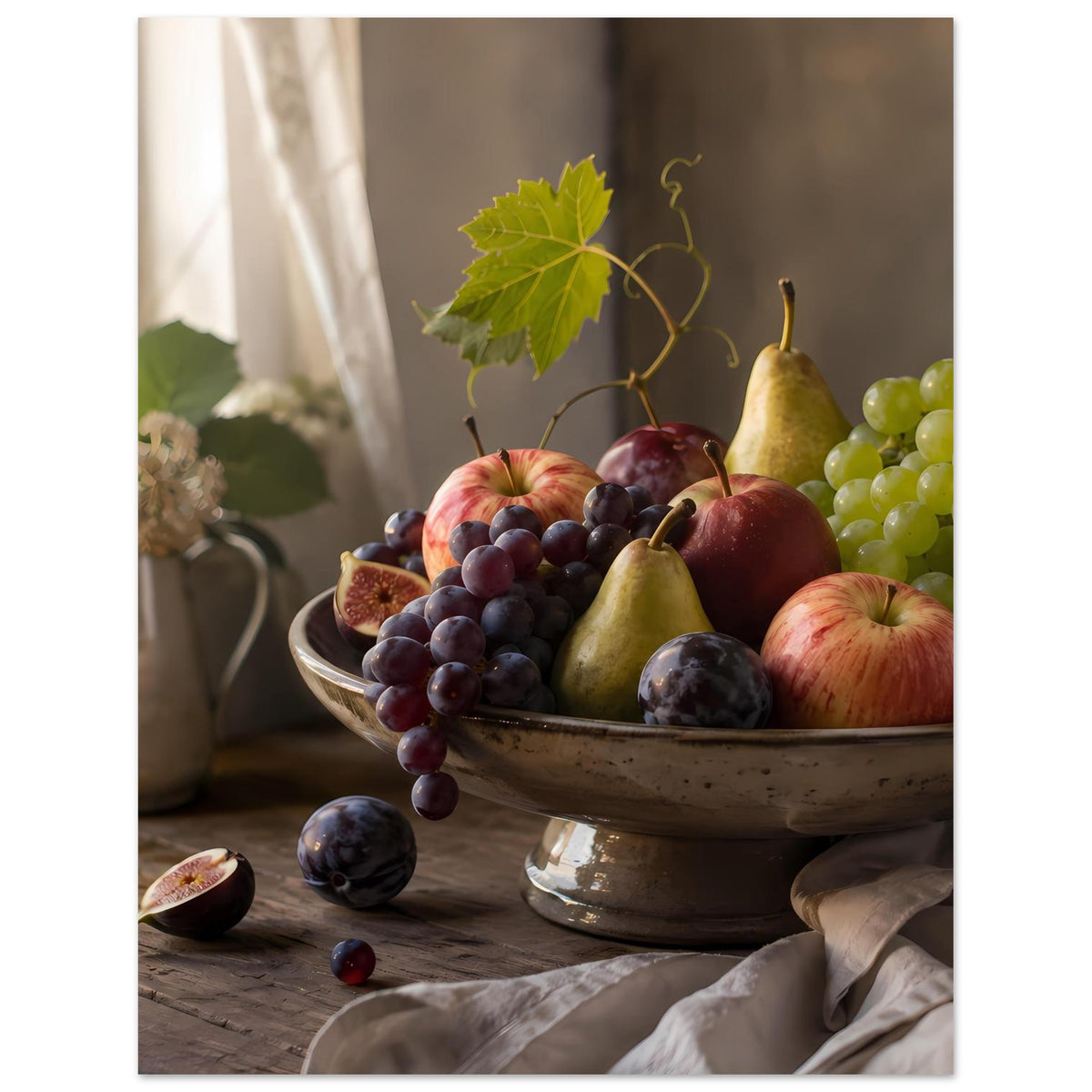 Obst-Poster im Hochformat: Keramikschale mit Trauben, Äpfeln und Birne
