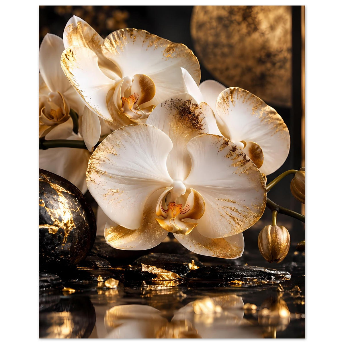 Gerahmtes Poster mit großen weißen Orchideen und goldenen Akzentstreifen