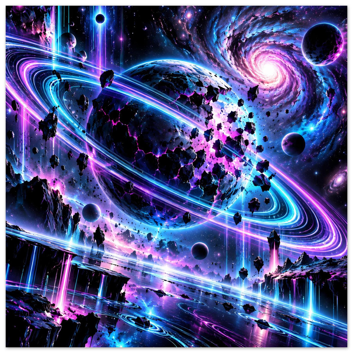 Neon-Galaxie-Poster mit Raumschiff, leuchtenden Ringen, dunkelblauen Planeten und lila Staub