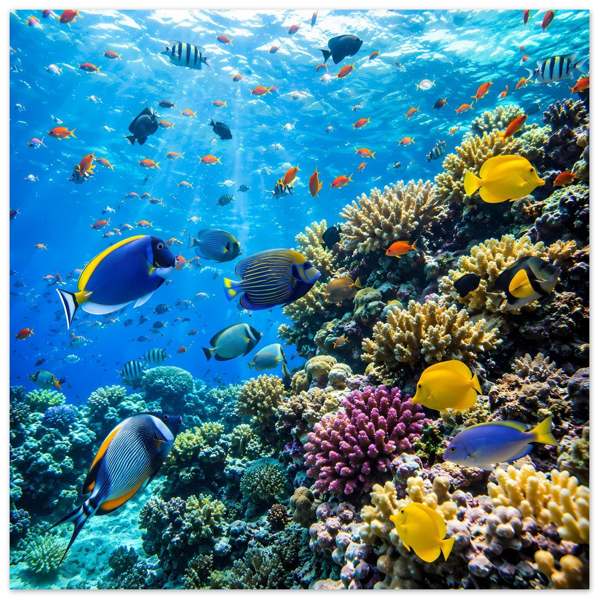 Korallenriff-Poster im Panorama: gelbe Fische, Korallen und viele weitere tropische Fische