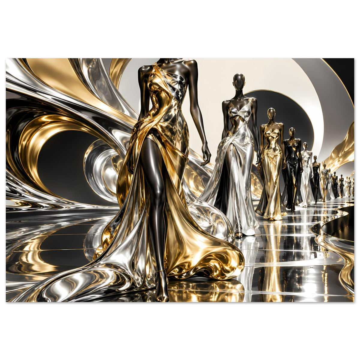 Poster mit goldenen und silbernen Statue-Figuren, Wellenwirbel und heller Kreisform