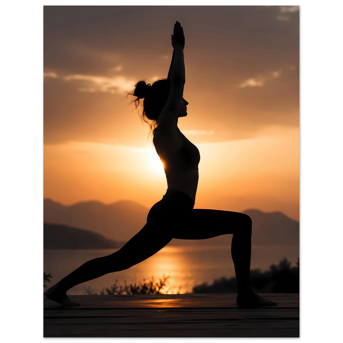 Yoga-Poster im Hochformat mit Yoga-Silhouette: Ausfallschritt, Figur von oben stärker betont