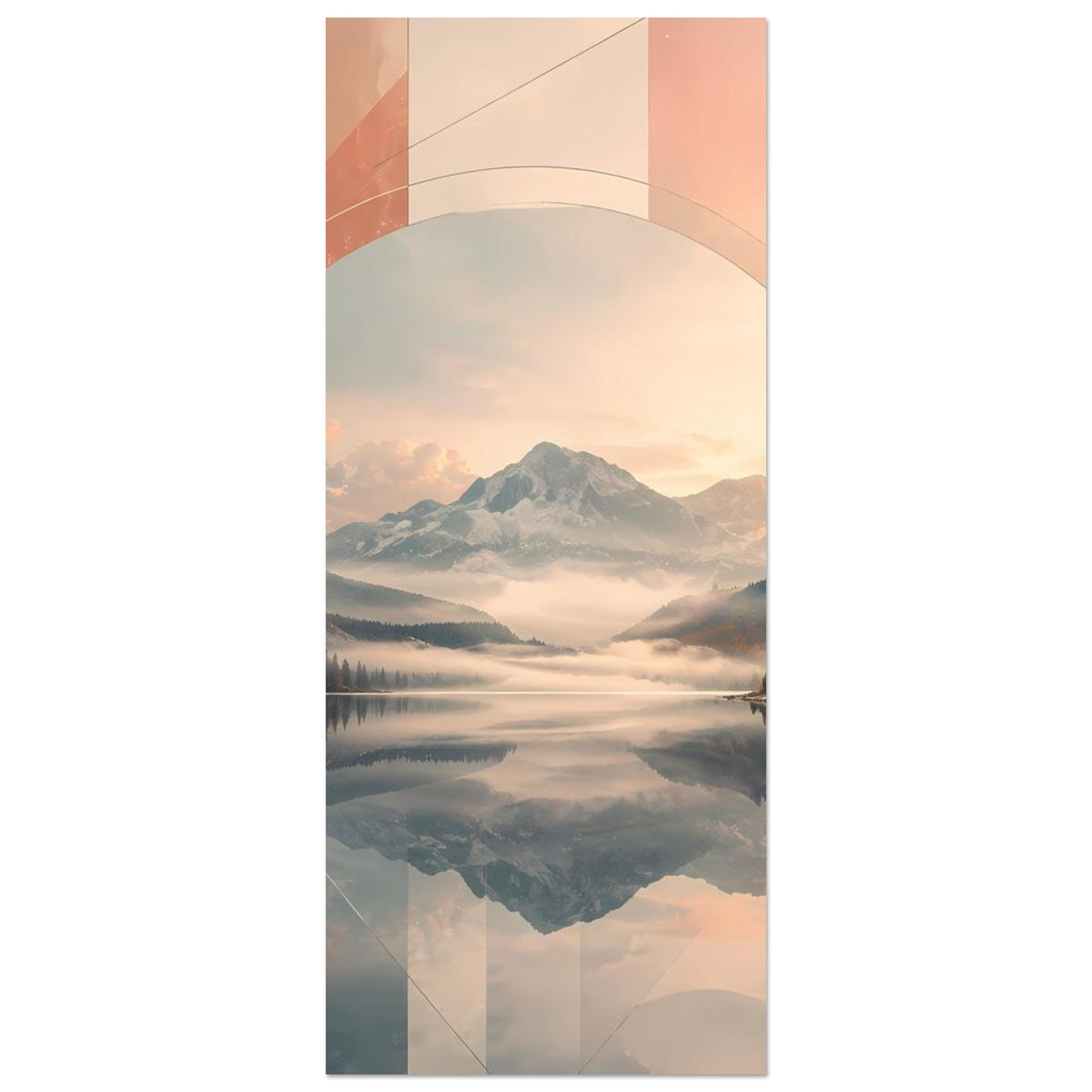 Vertikales Poster im Pastellstil mit Bergsee-Motiv, großer Kreisfläche und geometrischen Linien