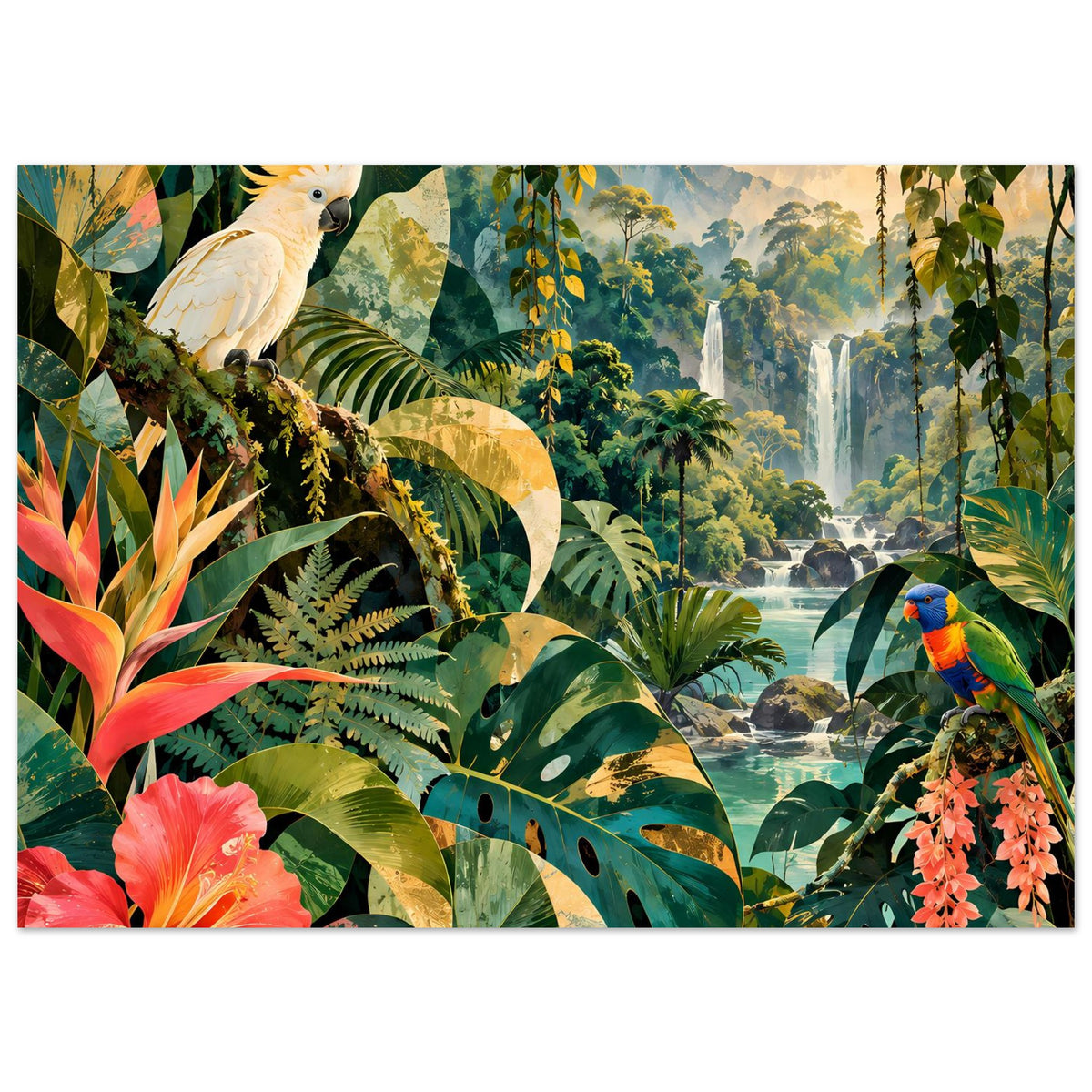 Rechteckiges Poster mit tropischen Blättern, Kakadu, bunter Papagei und Blüten