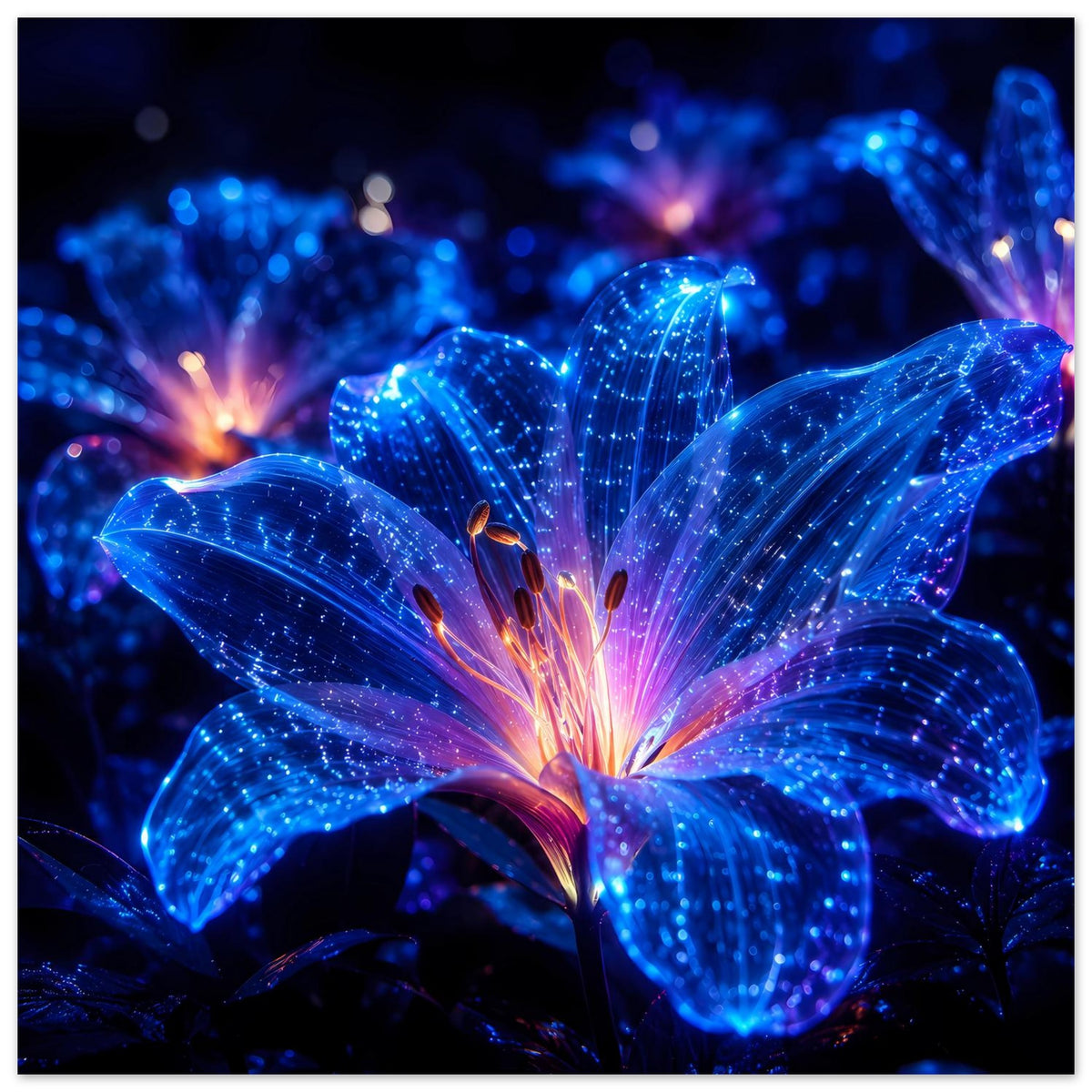 Leuchtendes Blumenposter: blau leuchtende Blumenform mit funkelnden Linien und violett/orangem Lichtschimmer
