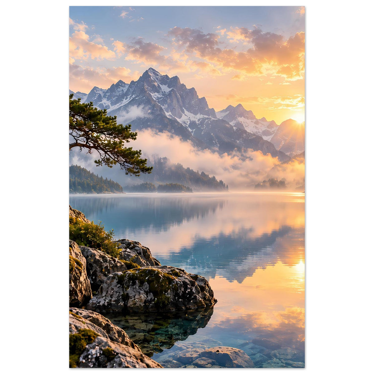 Vertikales Poster mit Sonnenaufgang zwischen Bergspitzen, See und spiegelnder Abendsonne