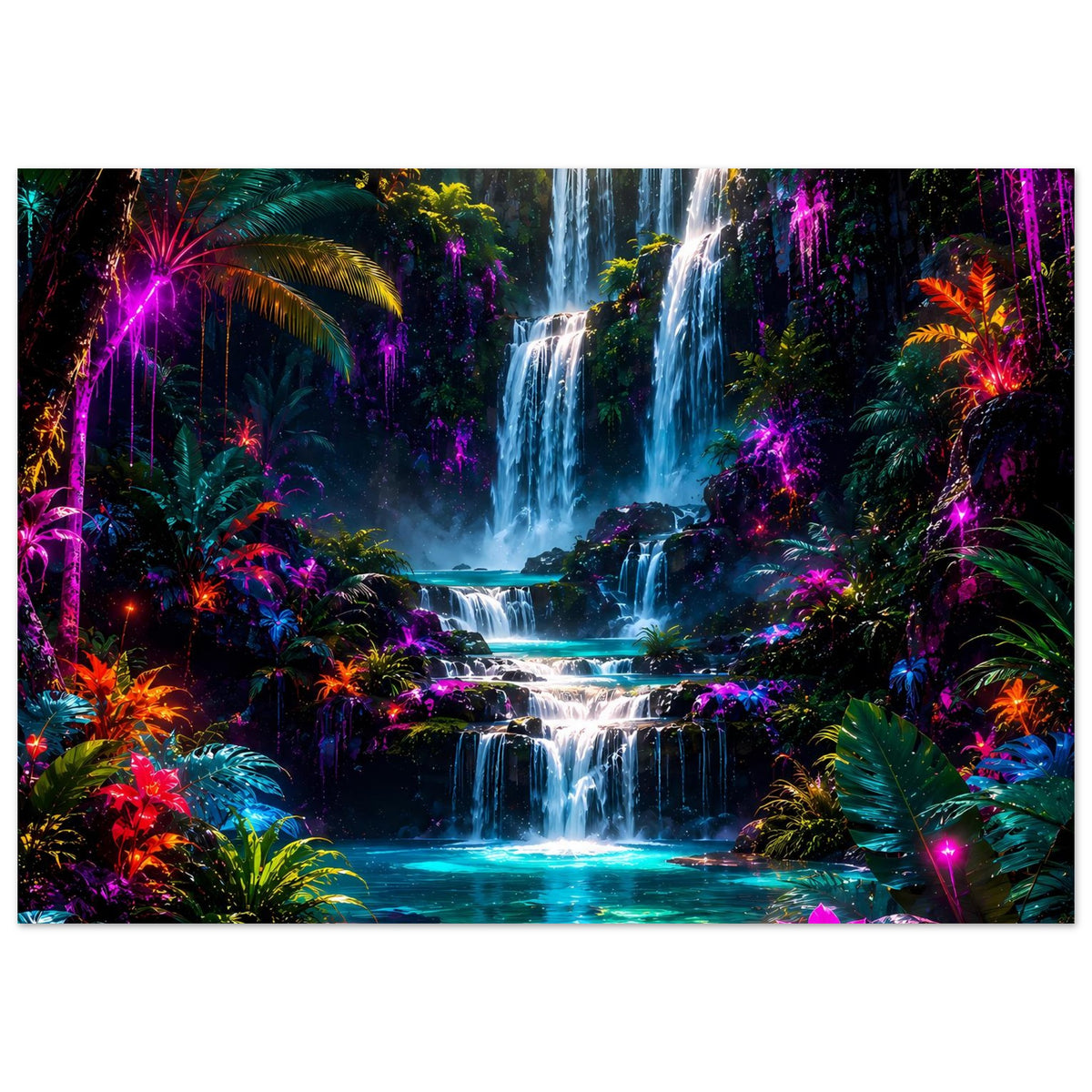 Gerahmtes horizontales Poster: Wasserfall im Dschungel mit intensiv leuchtenden Farblichtern