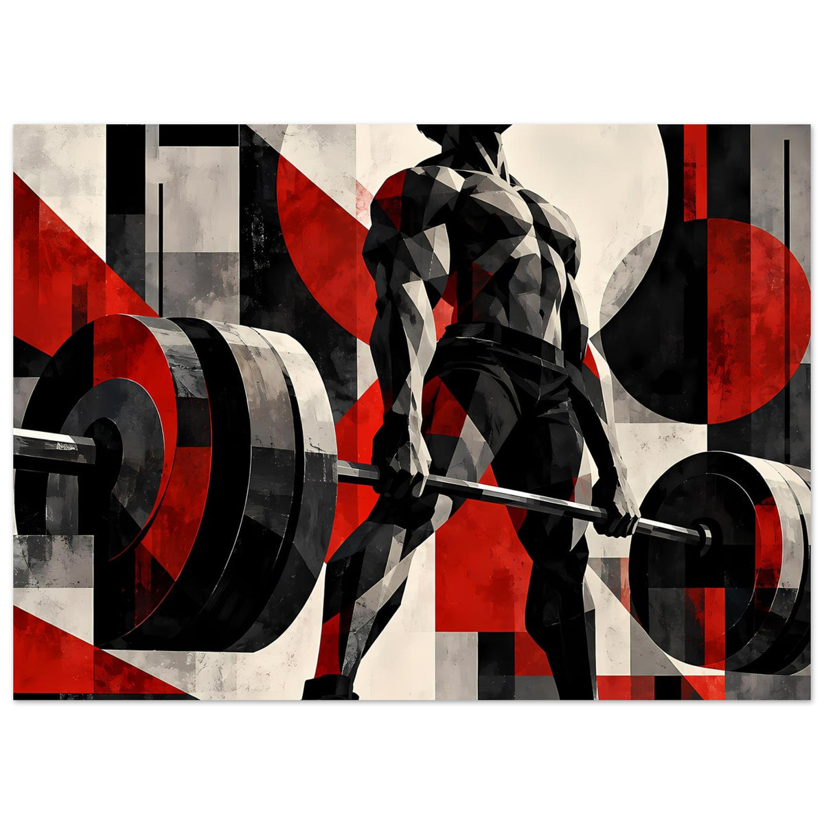 Fitnessposter-Ansicht mit Gewichtheber-Silhouette und Hantelstange, rotes und schwarzes Design
