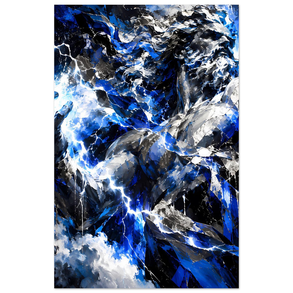 Vertikales Poster mit abstraktem Blitzmotiv von Zeus, kräftiges Blau, Schwarz und helle Reflexe.