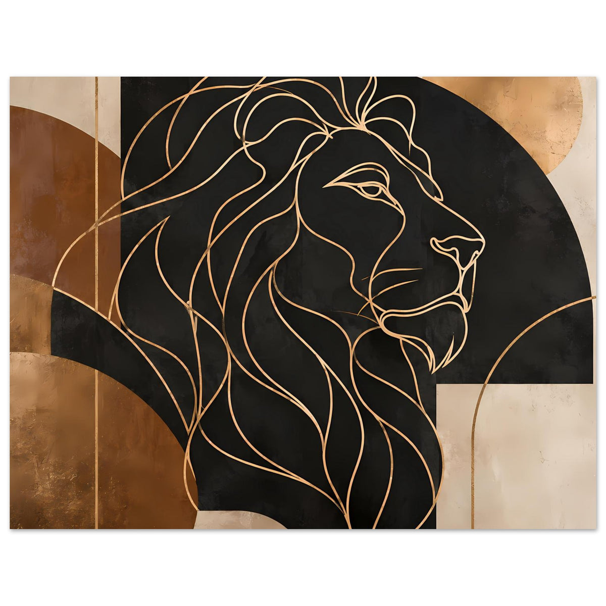 Poster: Löwenkopf mit goldener Liniengrafik, kompakter Ausschnitt auf dunklem Grund