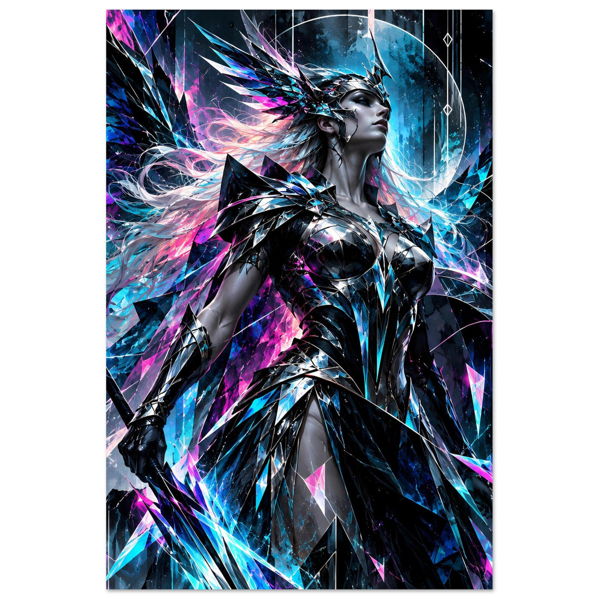 Poster im Hochformat: Valkyrie-Kriegerin mit Neon-Blau und Pink, silberne Rüstung