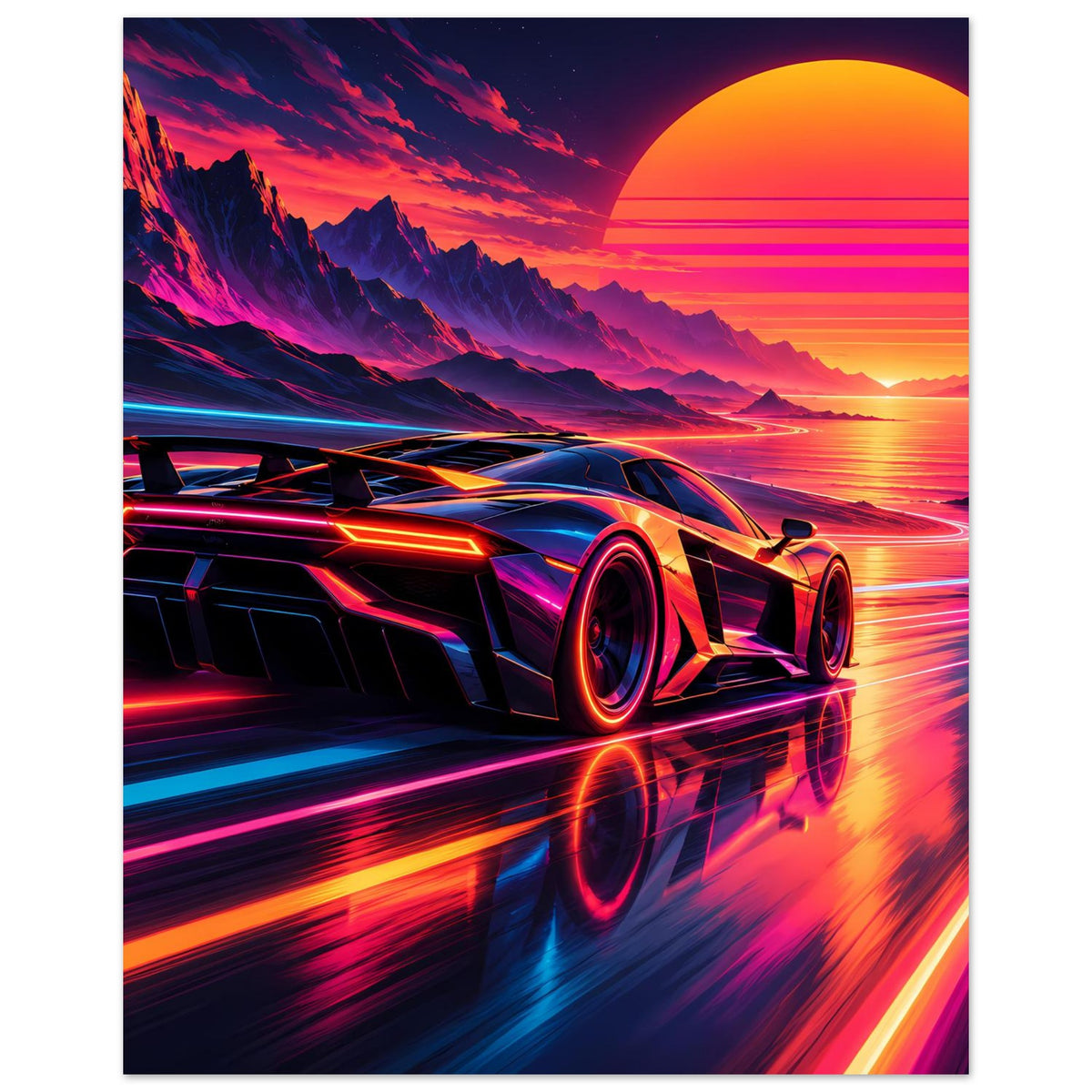 Poster mit Neon-Supercar, schräg von vorn, detaillierter Frontsplitter und Räder