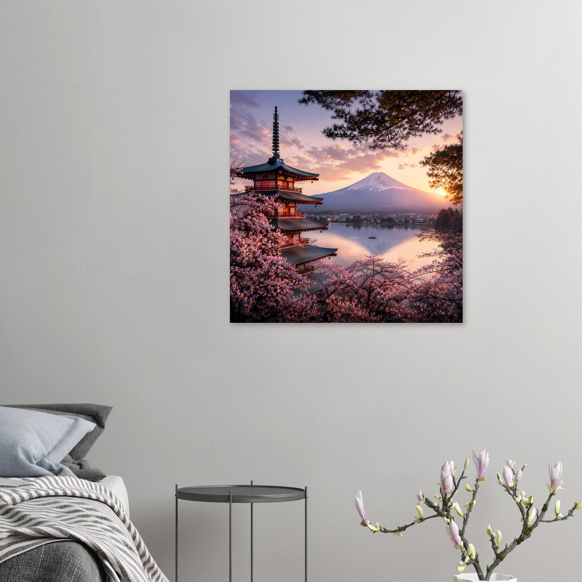 Quadratisches Wandposter mit Pagode, Berg Fuji, Kirschblüten und See