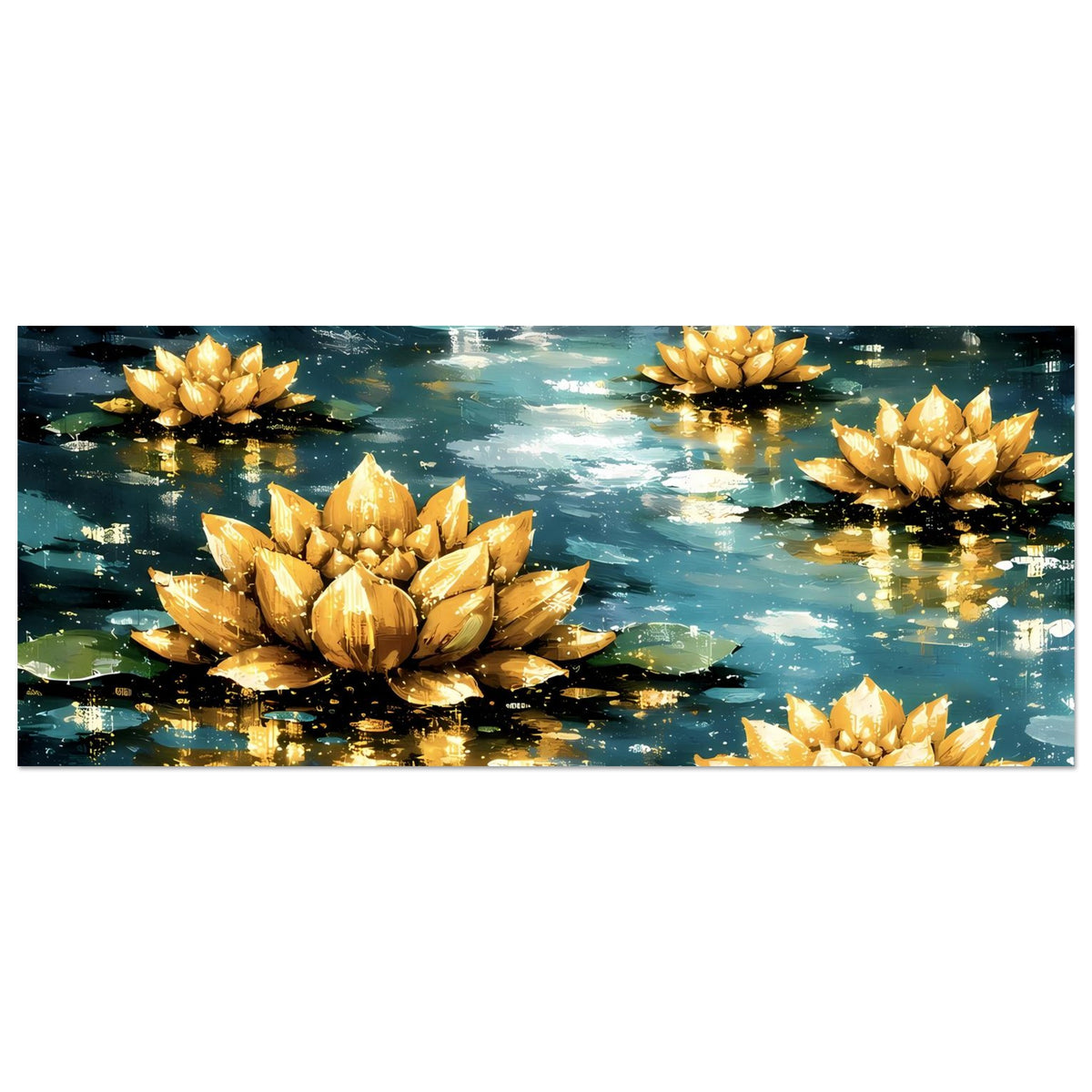 Horizontales Poster mit goldenen Lotusblüten und reflektierendem Wasser, mit dunklem Rand
