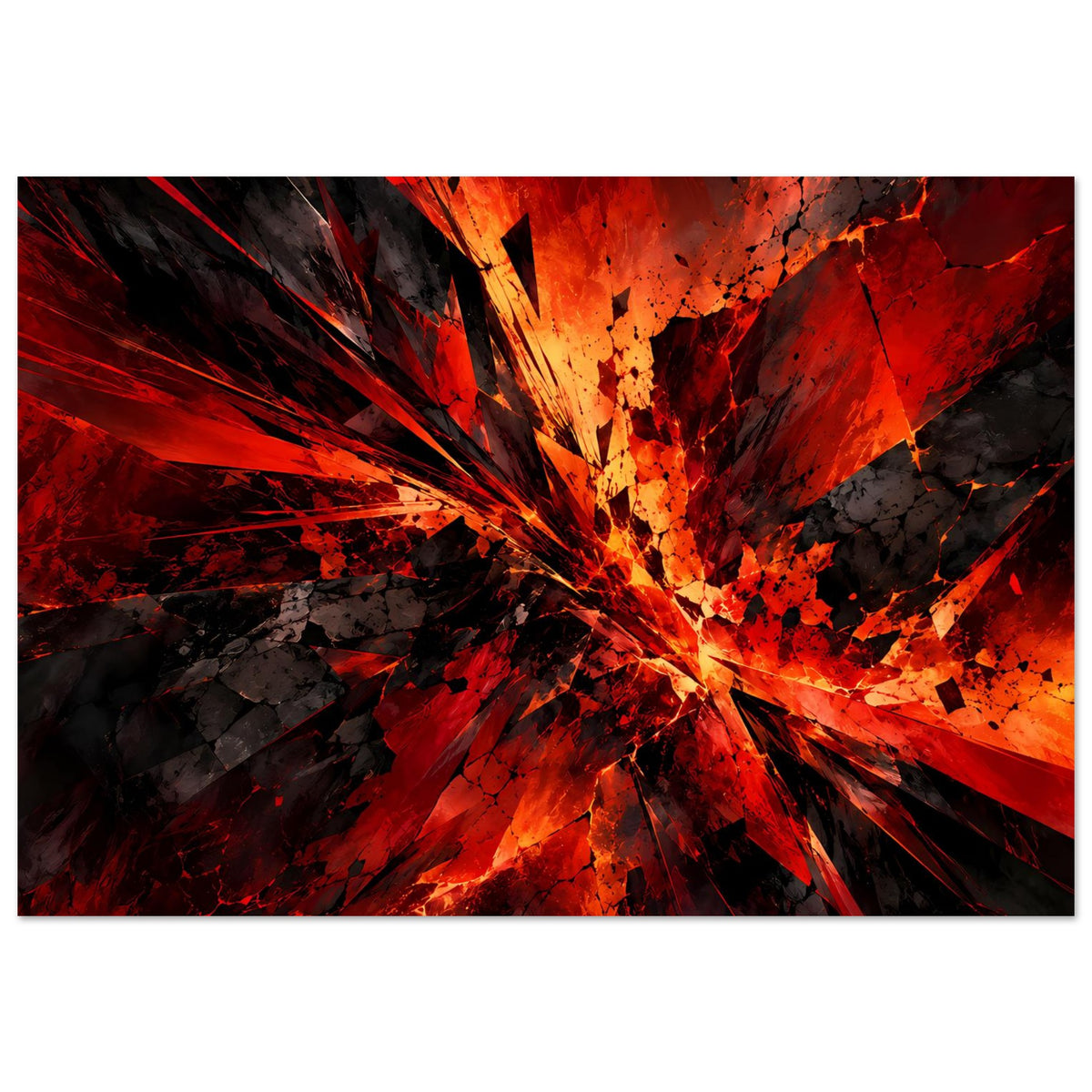 Kunstposter im Querformat mit explosivem Strahlenmuster in Rot, Schwarz und Orange